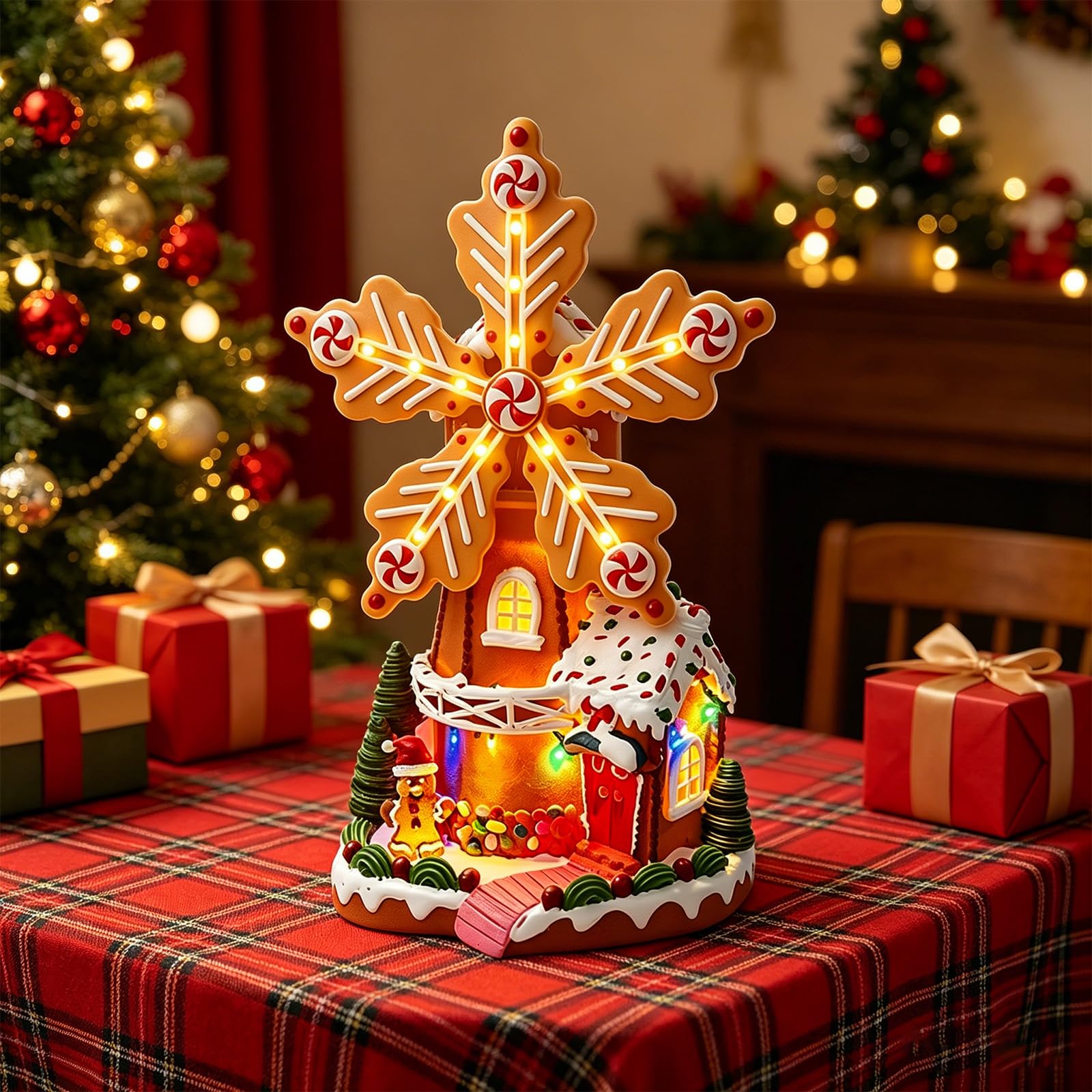 PANGBOER Decoración navideña de Candy House con diseño de Molino de Iluminado, decoración de navideña para repisa, Escritorio, Estante y Centro de de Fiesta Decoración Festiva con diseño de de
