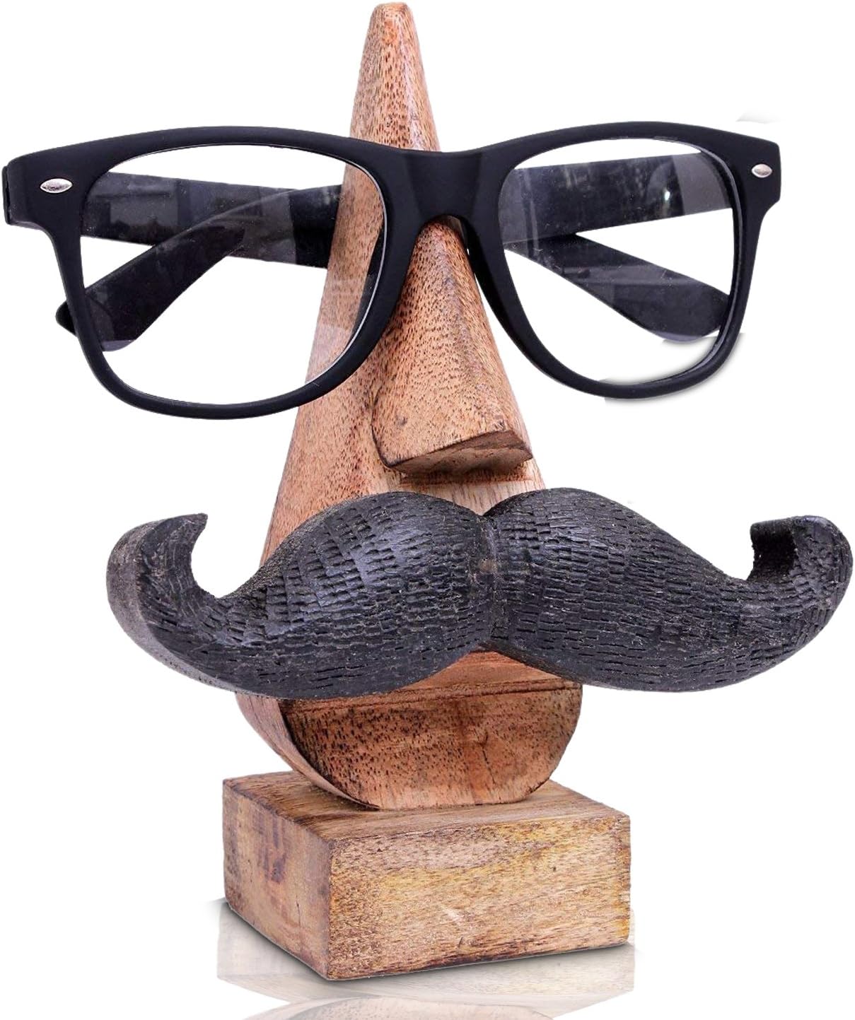 IndiaBigShop Wooden Hand Carved Classic Sheesham Nose-shaped Eyeglass Spectacle Holder with Black Mustache Perfect