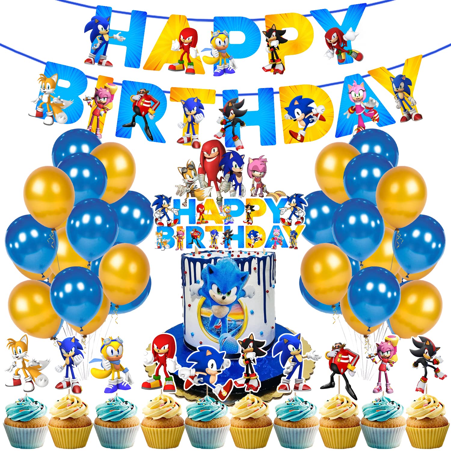 Zyozique Sonic Birthday Party Supplies for Kids - Sonic Party Decorations Set Include Happy Birthday Paper Banner ,Cupcake Toppers, Cake Toppers and Balloons (Pack oF 37)