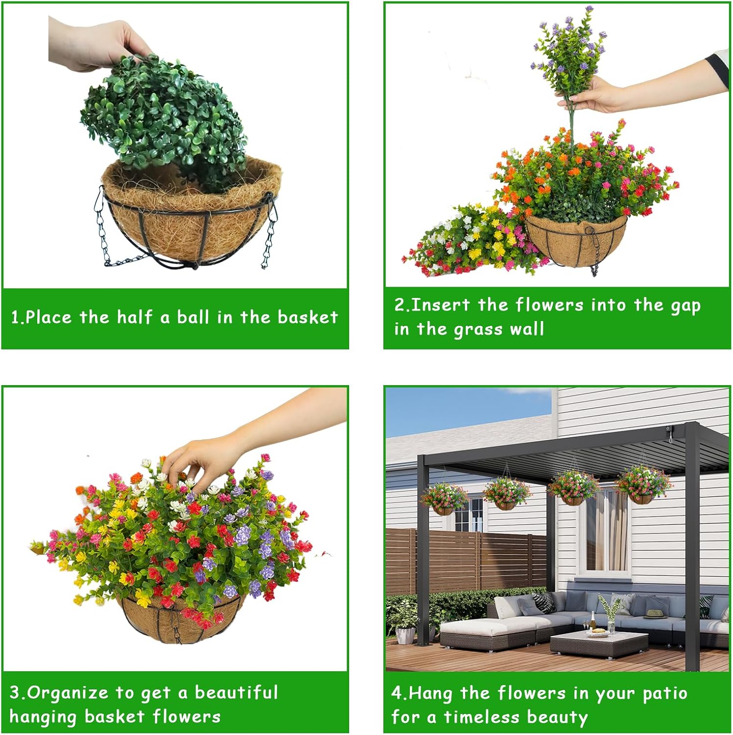 Artificial Hanging Plants Flowers with Basket for Spring Summer Outdoor Decoration, Yellow Purple White Orange - Image 5