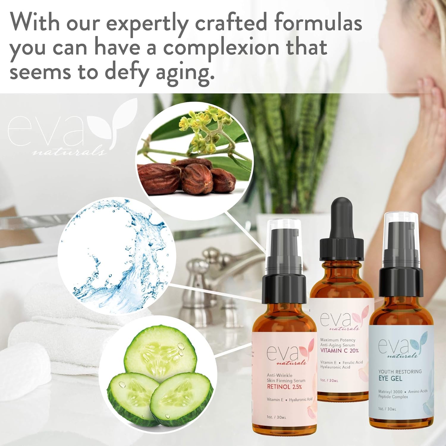 Eva Naturals Facelift in a Bottle - 3-in-1 Anti-Aging Set with Retinol Serum, Vitamin C Serum and Eye Gel - Formulated to Reduce Wrinkles, Fade Dark Spots and Treat Under-Eye Bags - Premium Quality : Beauty & Personal Care