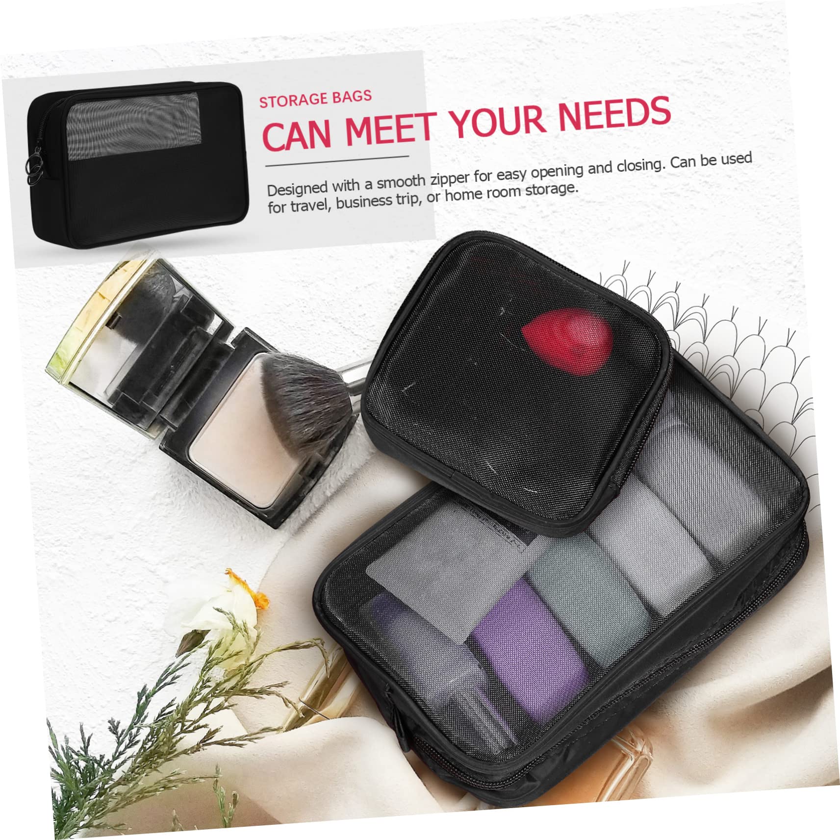 Kosmetiktaschen Leicht und Tragbar aus Netzgewebe Schwarz 6 Stück zum Ordnen von Make Up und Zubehör für Reise und Haushalt