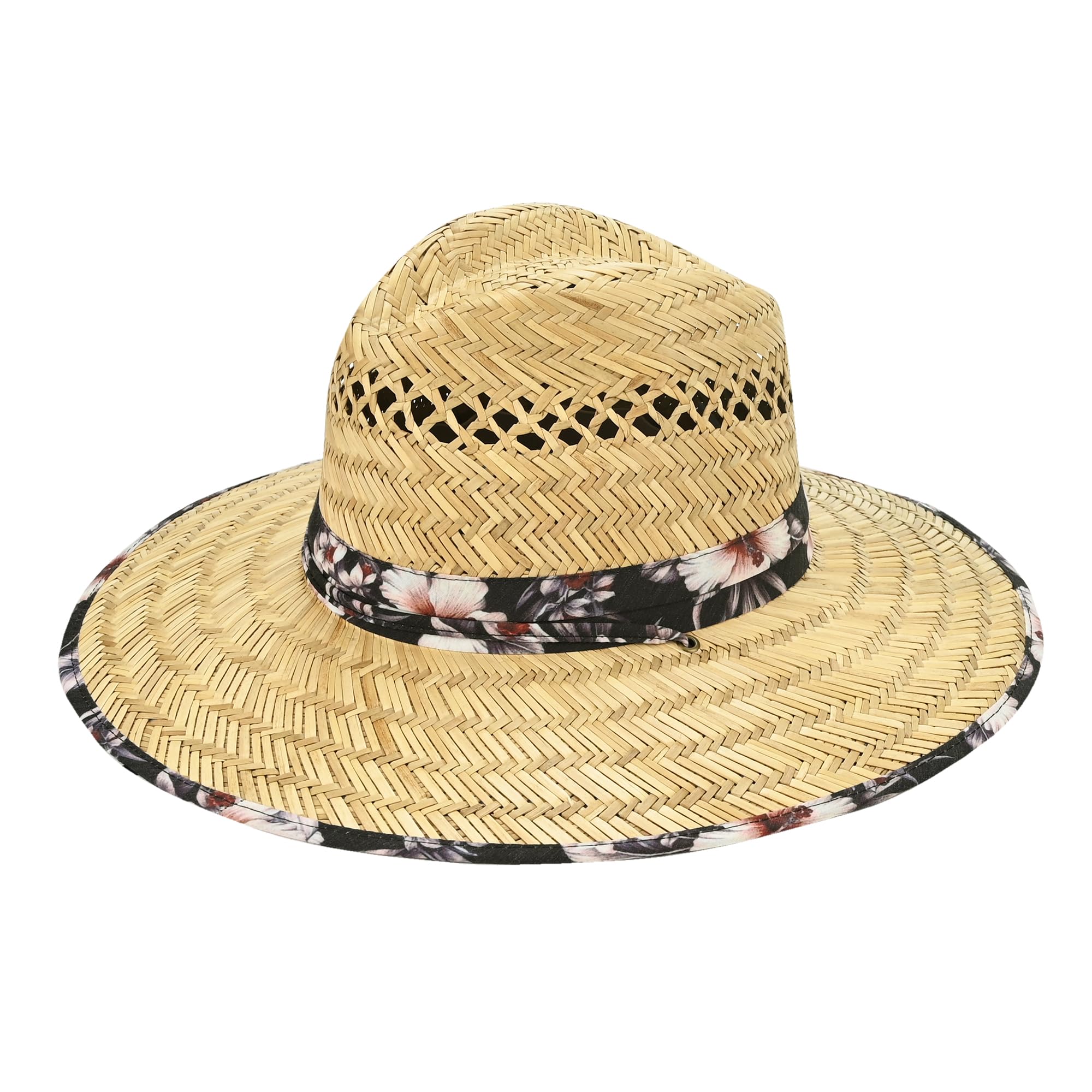 C.C Tropical Hibiscus and Palm Leave Pattern Lifeguard Sun Hat - for Unisex (Straw, Tropical Hibiscus)