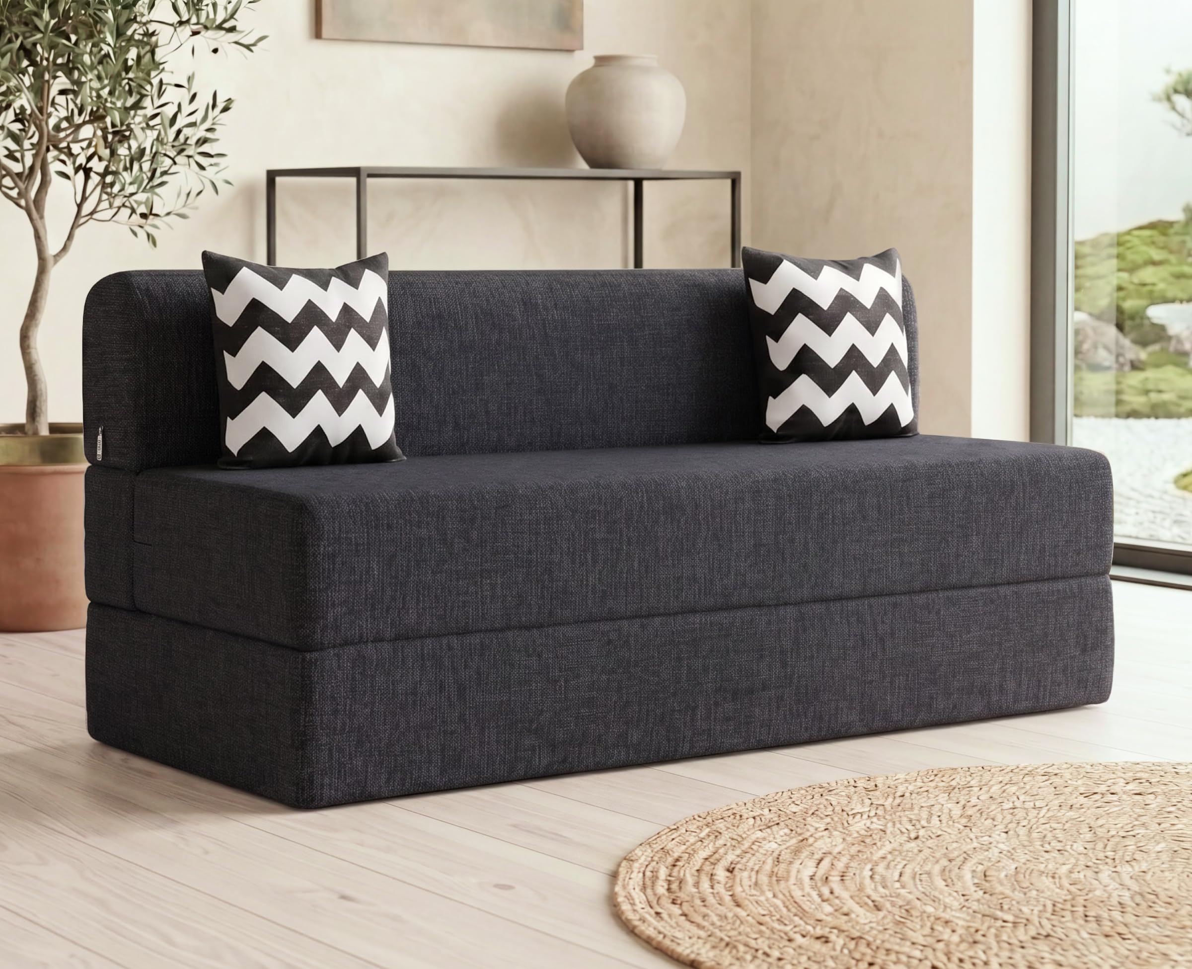 uberlyfe 3 Seater Sofa Cum Bed | 1 Year Warranty | Foldable Sofacum Bed | 15" Sofa Height| 2 Cushions Zigzag Pattern |Jute Finish Fabric, Dark Grey | 5' X 6' Feet