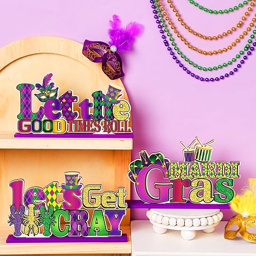Miniatura 3 de Geelin 6 piezas de decoraciones de Mardi Gras, centros de mesa de Mardi Gras para mesas, máscara de gnomo, cangrejo de río, letreros de madera,