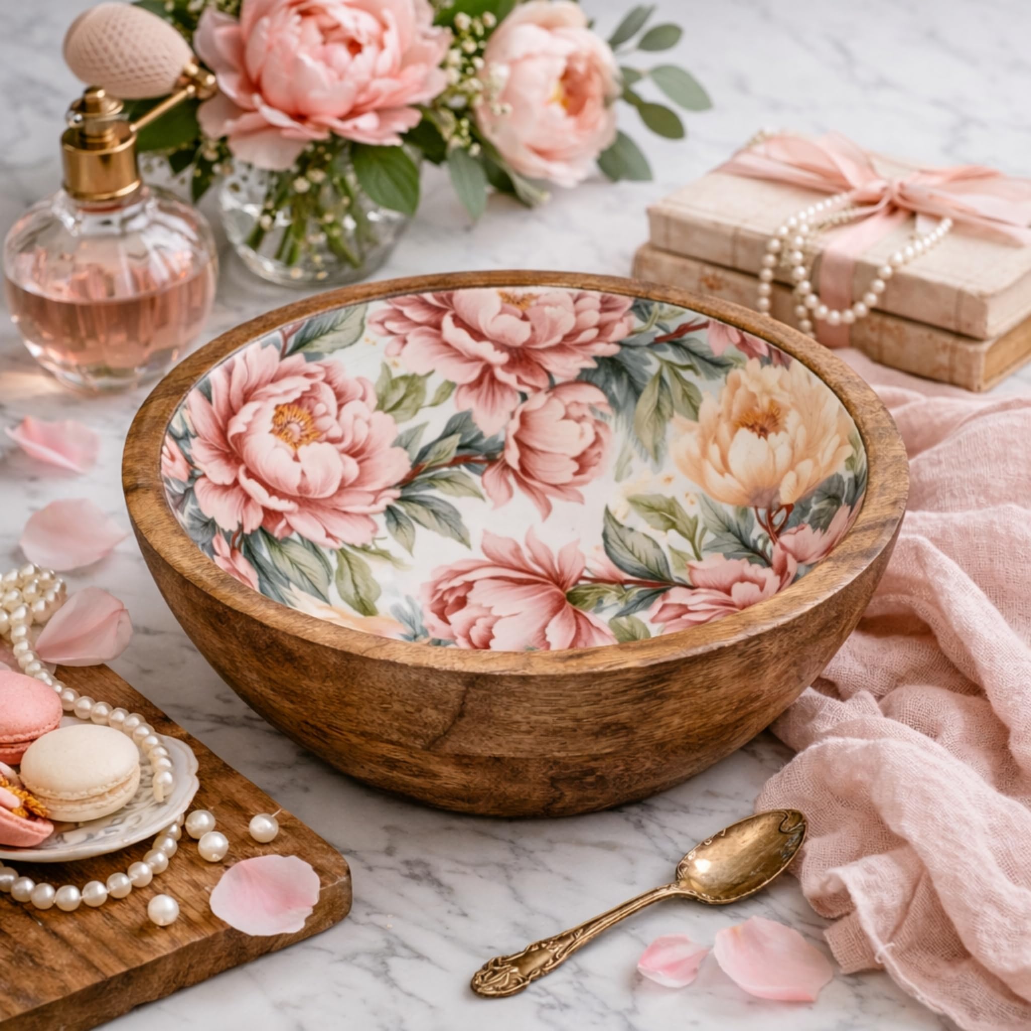 Salat-Set Salatschüssel & Salatbesteck mit Rosen-Design - Servierset aus Holz für Salat & Obst
