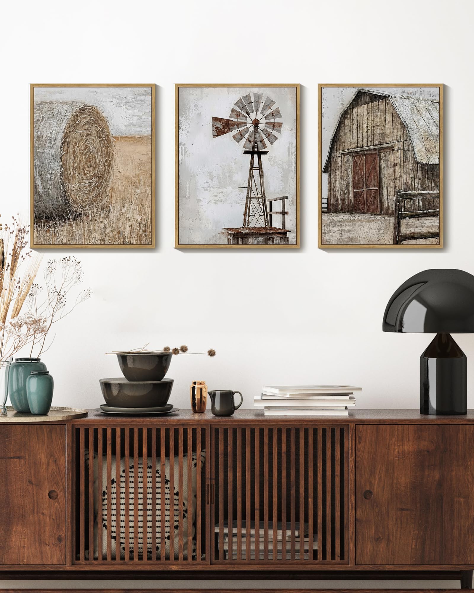 Rustikale Leinwandbilder-Set: 3-teilige Landhaus-Wandkunst Mit Scheune, Windmühle & Kornfeld – Fertig Zum Aufhängen, 40,6x61 Cm