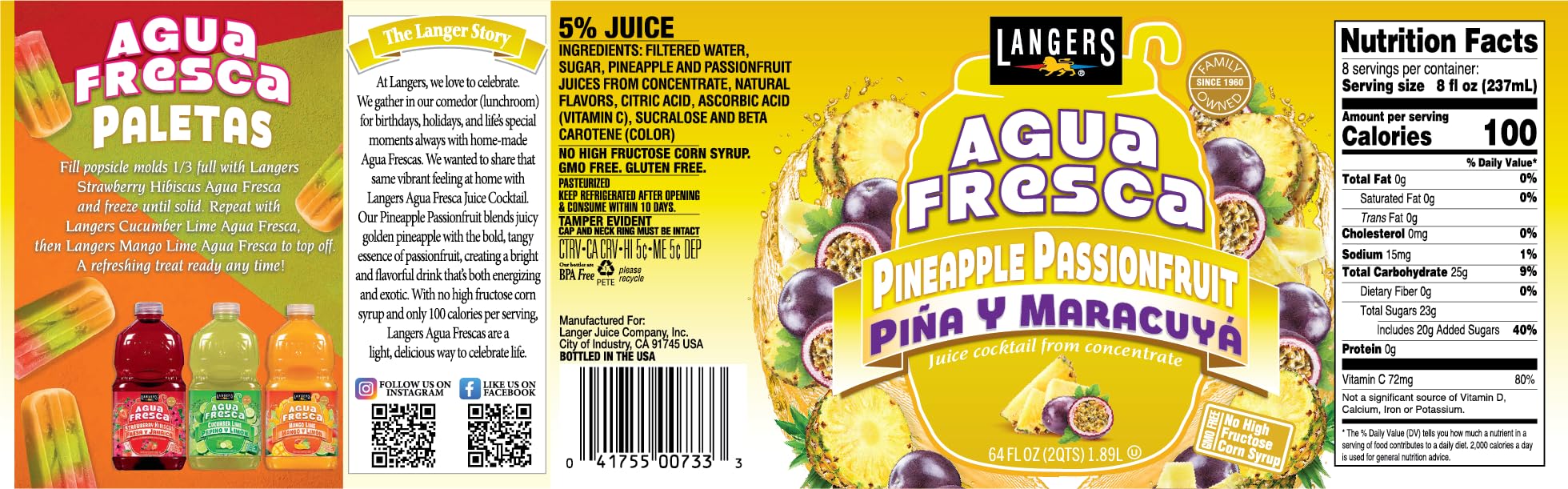 Langers Agua Fresca, Pineapple Passionfruit, 64fl oz (Pack of 8)