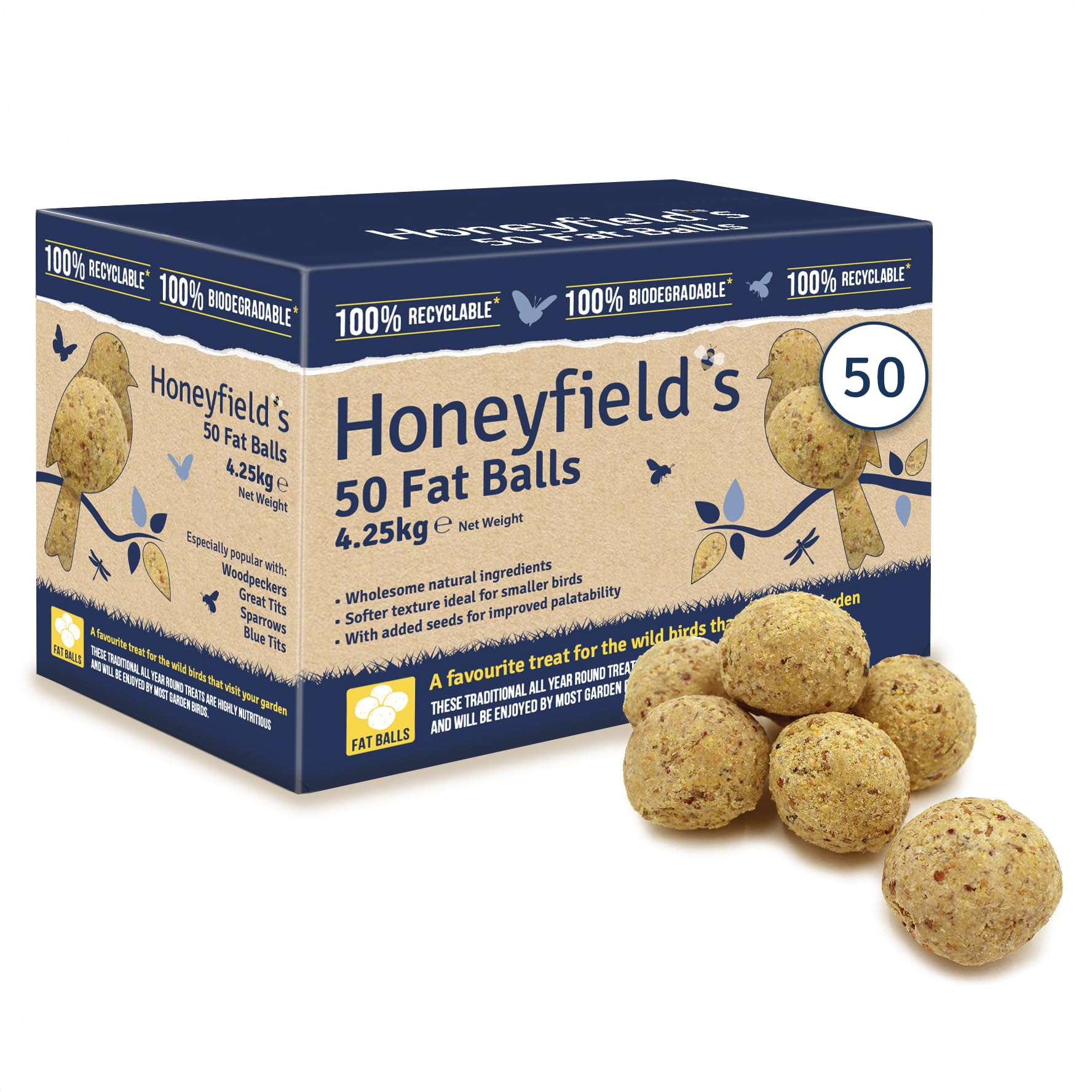 Honeyfield’s - Suet Balls for Wild Birds, High Energy Suet Feed, Delicious and Nutritious, Great for Hanging Feeders, Attracts Birds to Gardens All Year Round (Box of 50)