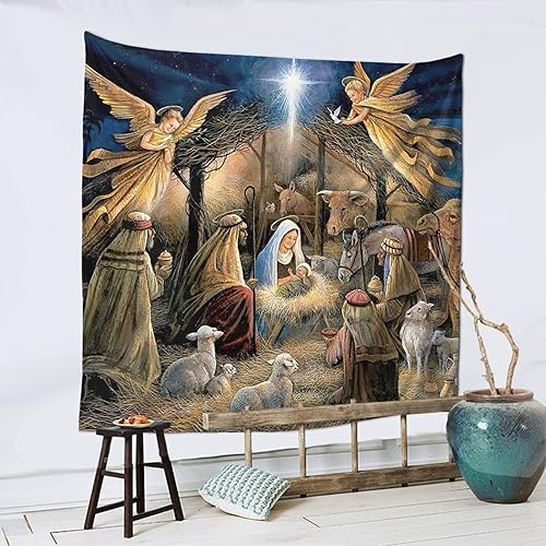 Miniatura 4 de fosgzif Tapiz de poliéster con diseño de ángel de la natividad navideña, arte de pared de moda, decoración del hogar, 59 x 59 pulgadas, tapiz