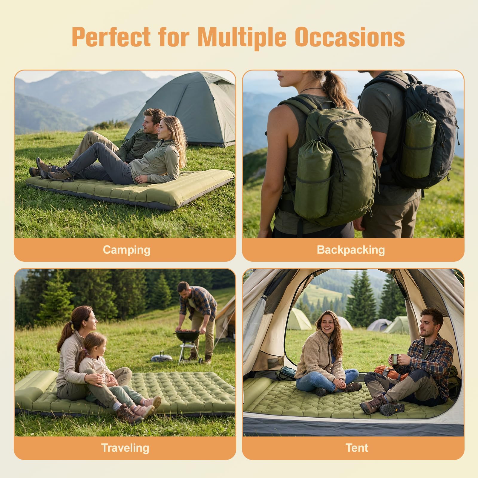 colchoneta camping 2 persona,15cm extra grueso colchón hinchable,190*140*15cm colchon camping con almohadas bomba de pie incorporada,colchón autoinflable ultraligero para exteriores máx 250KG