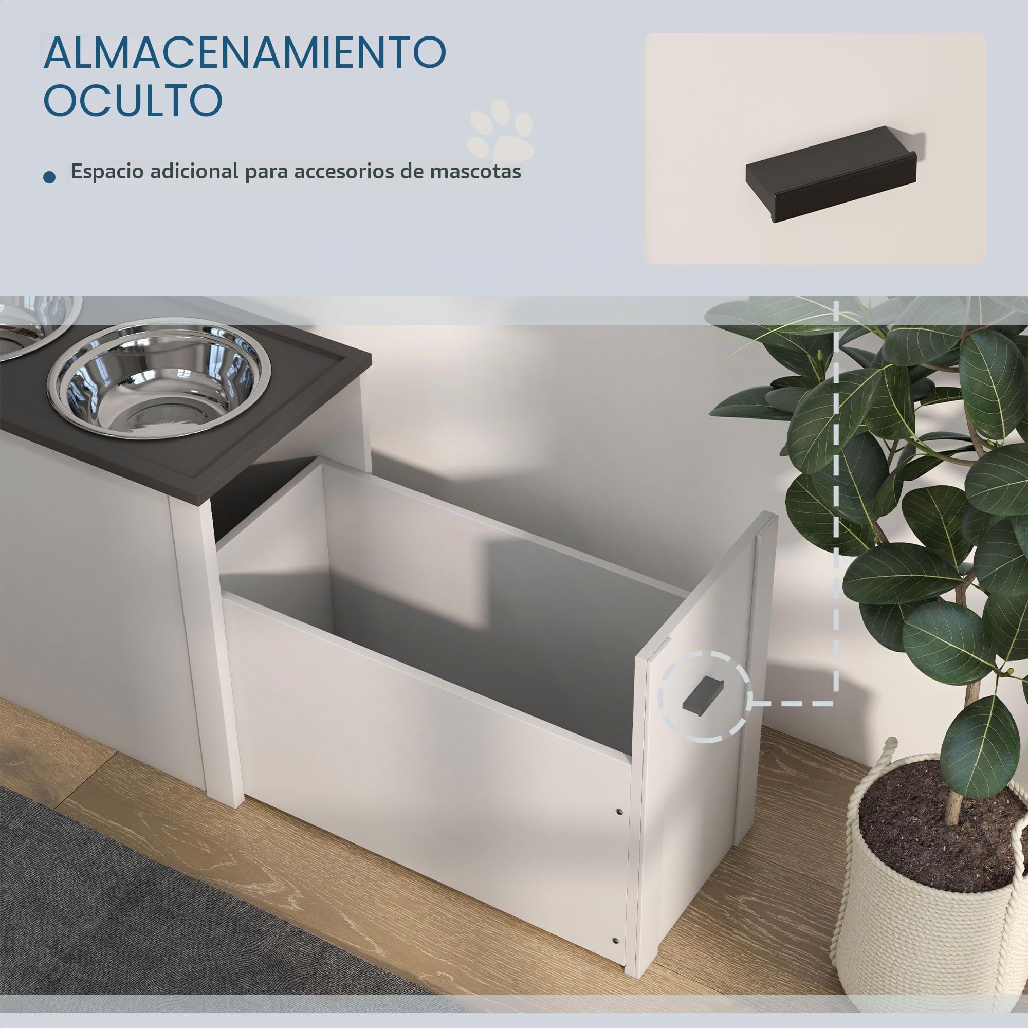 Comedero para perros PawHut, estación de alimentación para perros con espacio de almacenamiento, bebedero, soporte para comederos con cuencos de acero inoxidable de 2 litros, soporte para comederos de | Cuenco para agua, 2 cuencos de acero inoxidable de 2