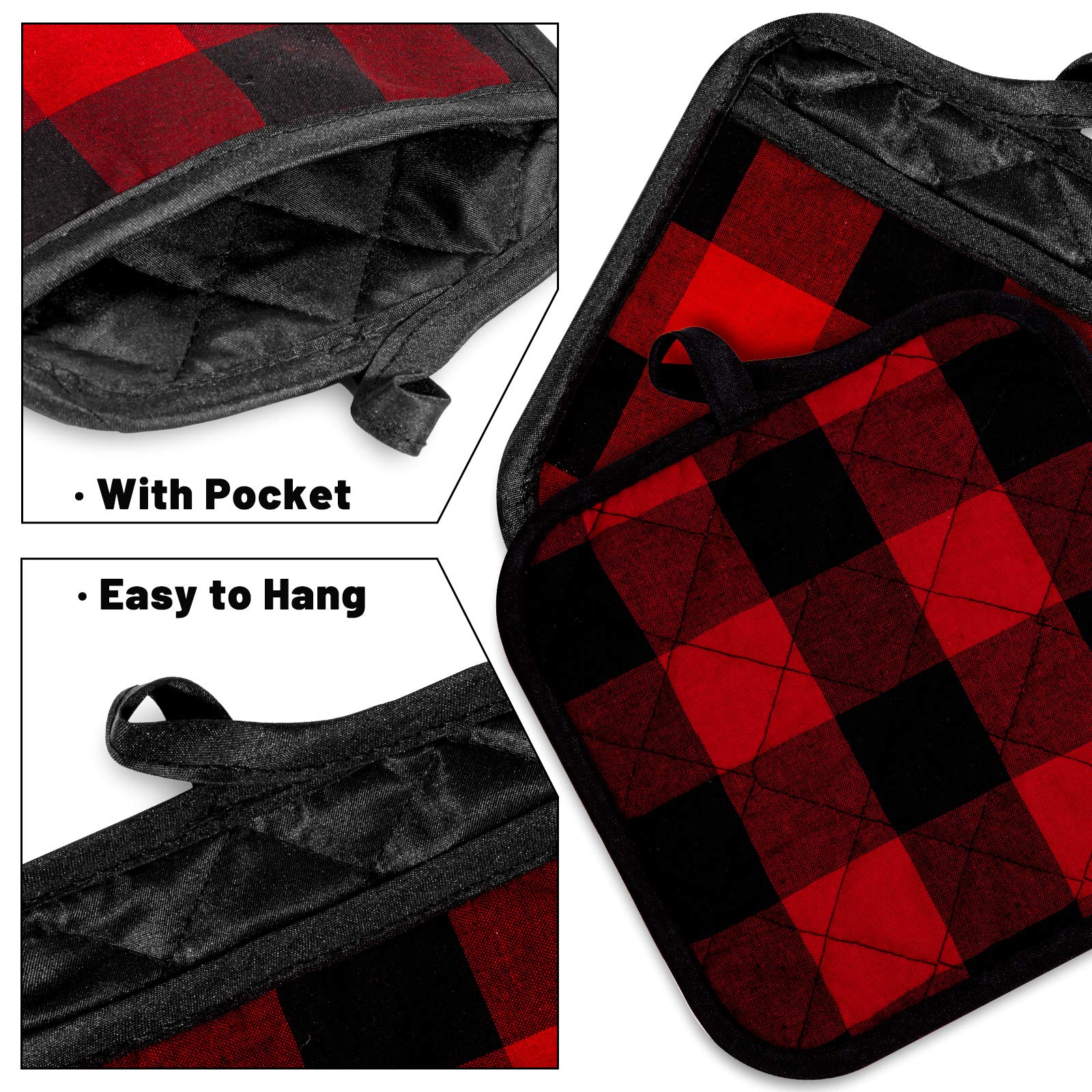 Whaline 6 Stück Buffalo Plaid Hot Pot Holders Cotton Hot Pad with Pocket Reusable Heat Resistant Oven Mint for Kitchen Cooking and Baking (Red Black)