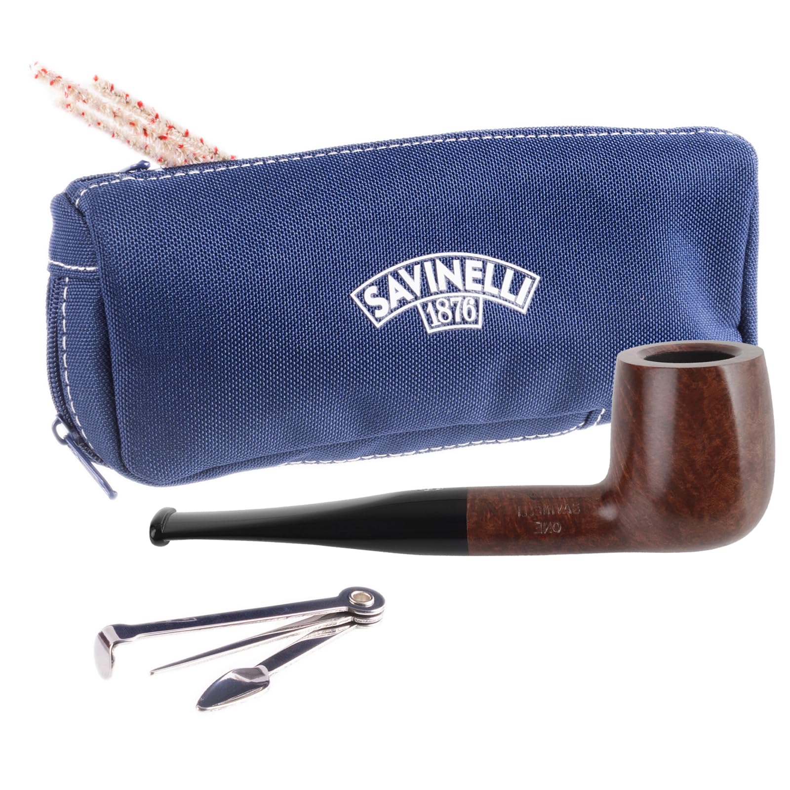 One Kit - Handmade Italian Briar Wood Pipe, Blue Zipper Pouch, Cleaners, Czech Pipe Tool, 6mm, Straight Billiard, Polished Finish, 106