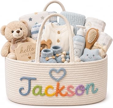 WANSHUNLMI Custom Baby Gift Basket, Personalized Baby Show Gift Basket With Name, Childrens Toy Storage Box, Rope Cotton Bag, Baby Name Basket, Newborn Baby Gift Style 3 Style1 Style 4