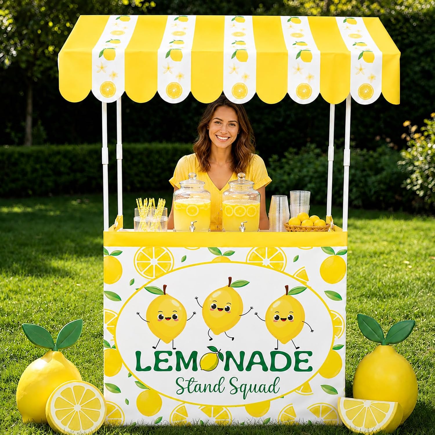 Summer Lemonade Stand Kits Include Shelf Roof Awning Table Skirt Large Fresh Lemonade Stand Decoration for Outdoor Photo Prop Garden Holiday Picnic Lemon Themed Birthday Party Supplies(Without Table)