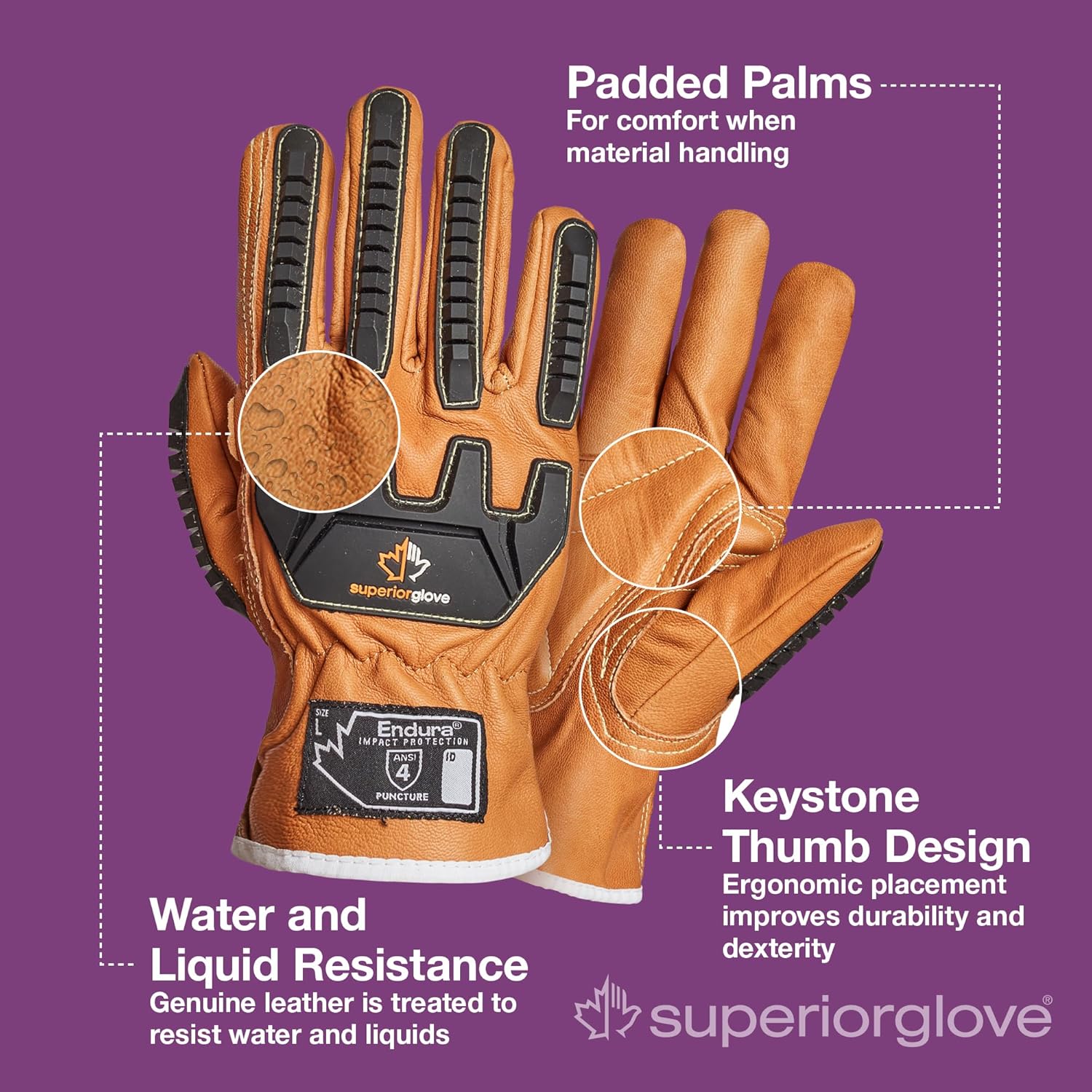 Superior Glove Endura Impact and Water Resistant Leather Work Gloves for Hand Safety Protection - 378GKVSB Large (Pack of 1 Pair)