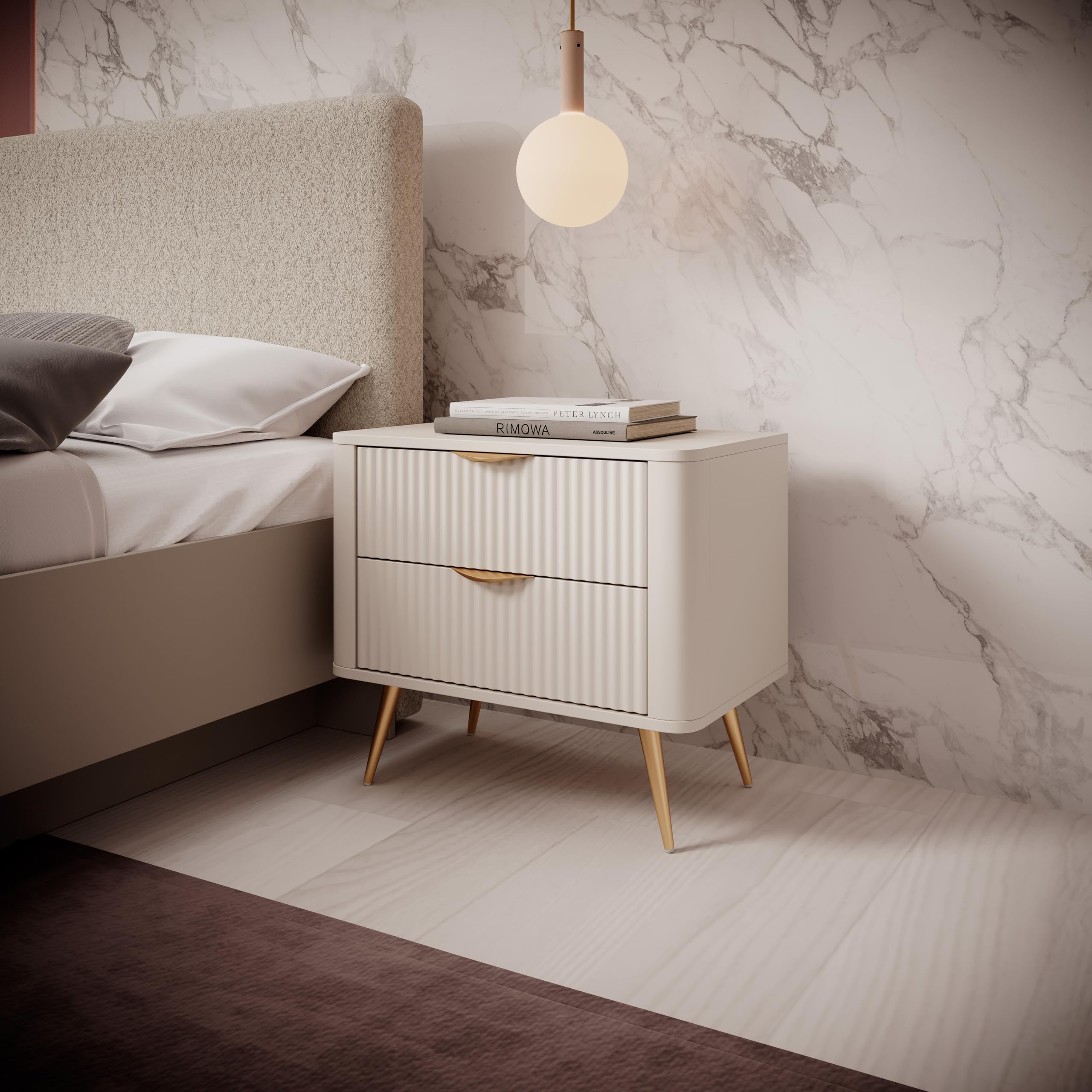 3E 3xE living.com Comodino con due cassetti, colore: Cashmere Gambe dorate,