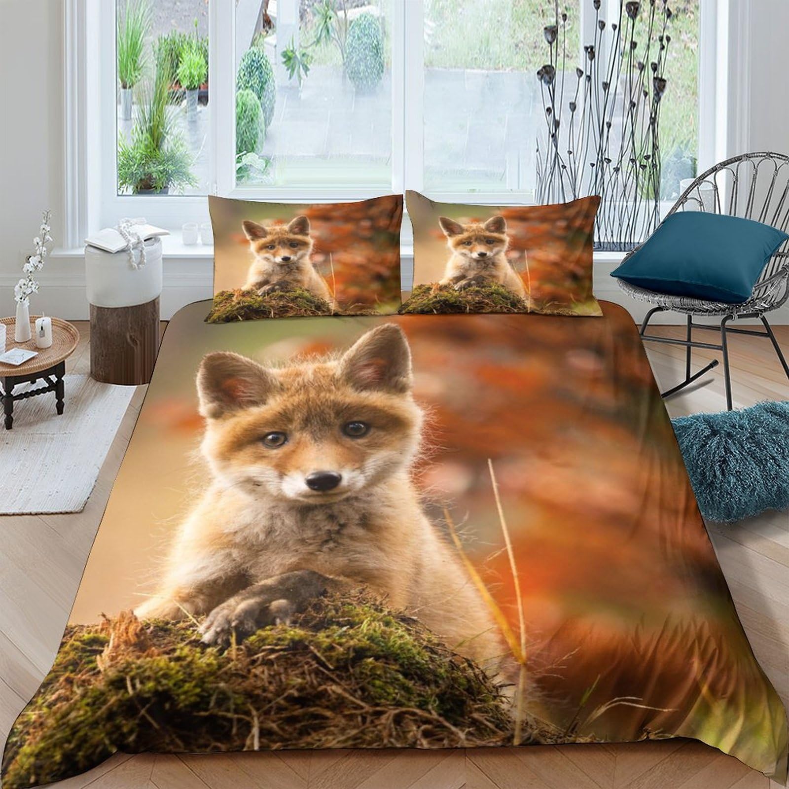 Ctjqhvkz Style-2 3D Printed Fox Forest Fitted Sheet Microfiber Soft Autumn Woodland Mattress Cover For Bedroom Dorm Decor Single（135X200cm）