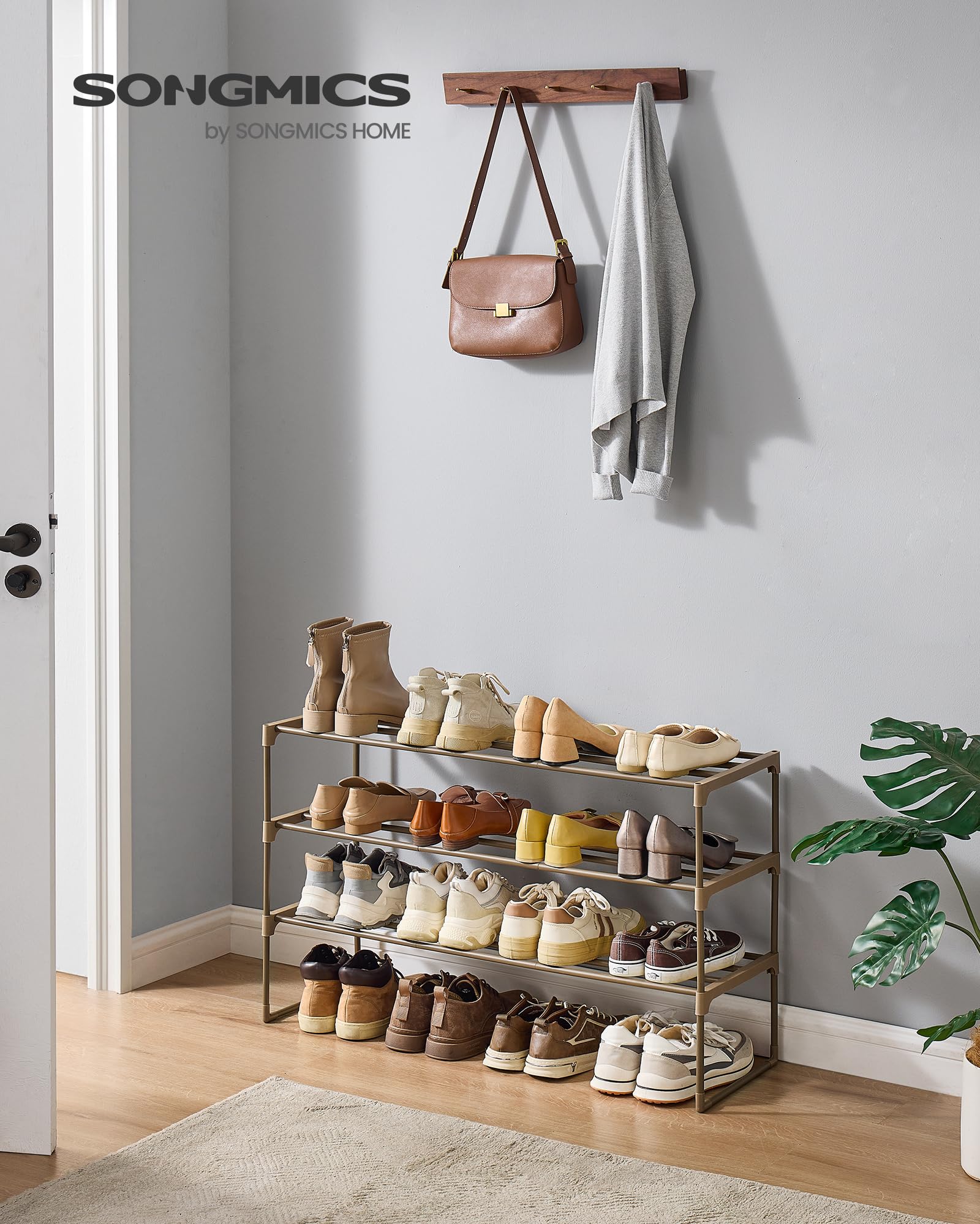 SONGMICS 3-Tier Shoe Rack, Shoe Storage Organiser, Metal Storage Rack, Upright or Upside Down, Fits 16 to 20 Pairs, Stackable, for Hallway, 30 x 92 x 55 cm, Walnut Brown LSA303K01 - Image 2