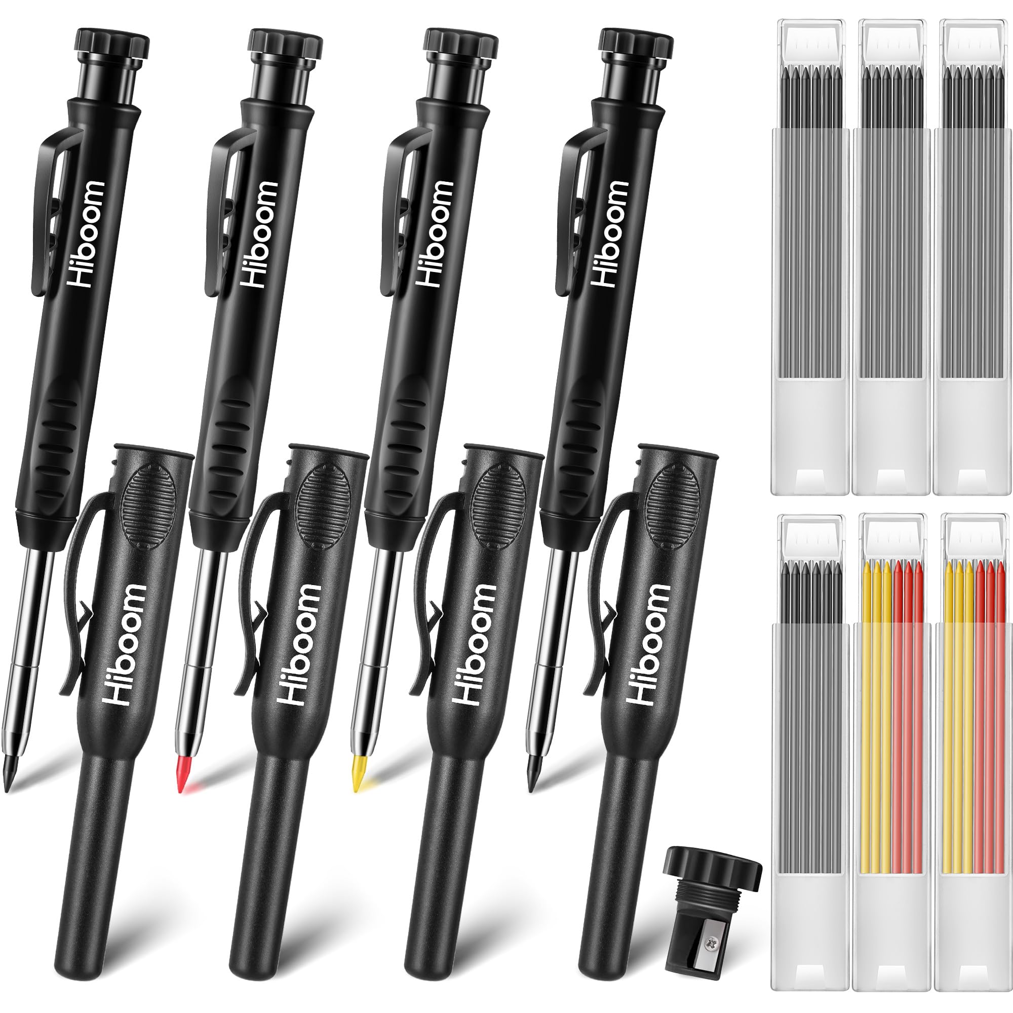 Hiboom 4 Pack Carpenter Pencils with 36 Refills (Red, Black, Yellow), 2.8 mm Heavy Duty Woodworking Marking Tool Built In Sharpener Ideal for Marking