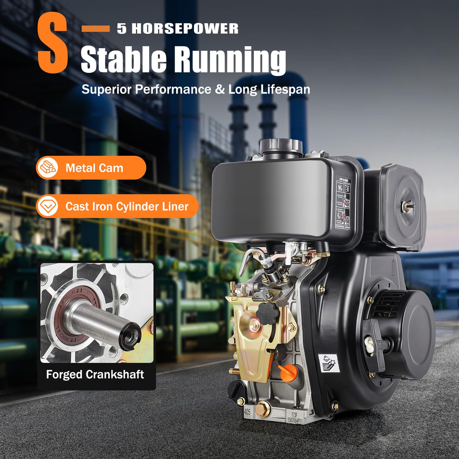 4-Takt 5 PS Dieselmotor, Eilzugstarter-Dieselmotor, 4,05 kW, Luftgekühlt Seilzugstart, 20 mm Ø Welle, 247 ccm Hubraum, Einzylinder, Leichtstartmotor, Standmotor (Schwarz)