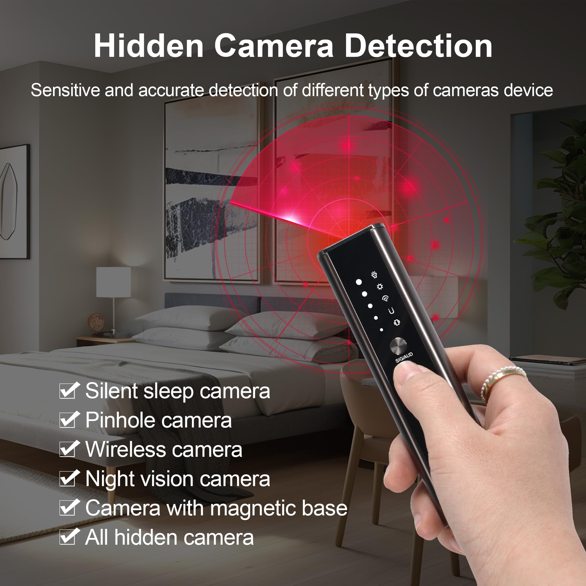 [2025 VER] Detector de dispositivo oculto, detectores de cámara oculta con alarma de sonido de vibración, buscador de cámara con linterna, detector de rastreador GPS para automóvil, detector de 2