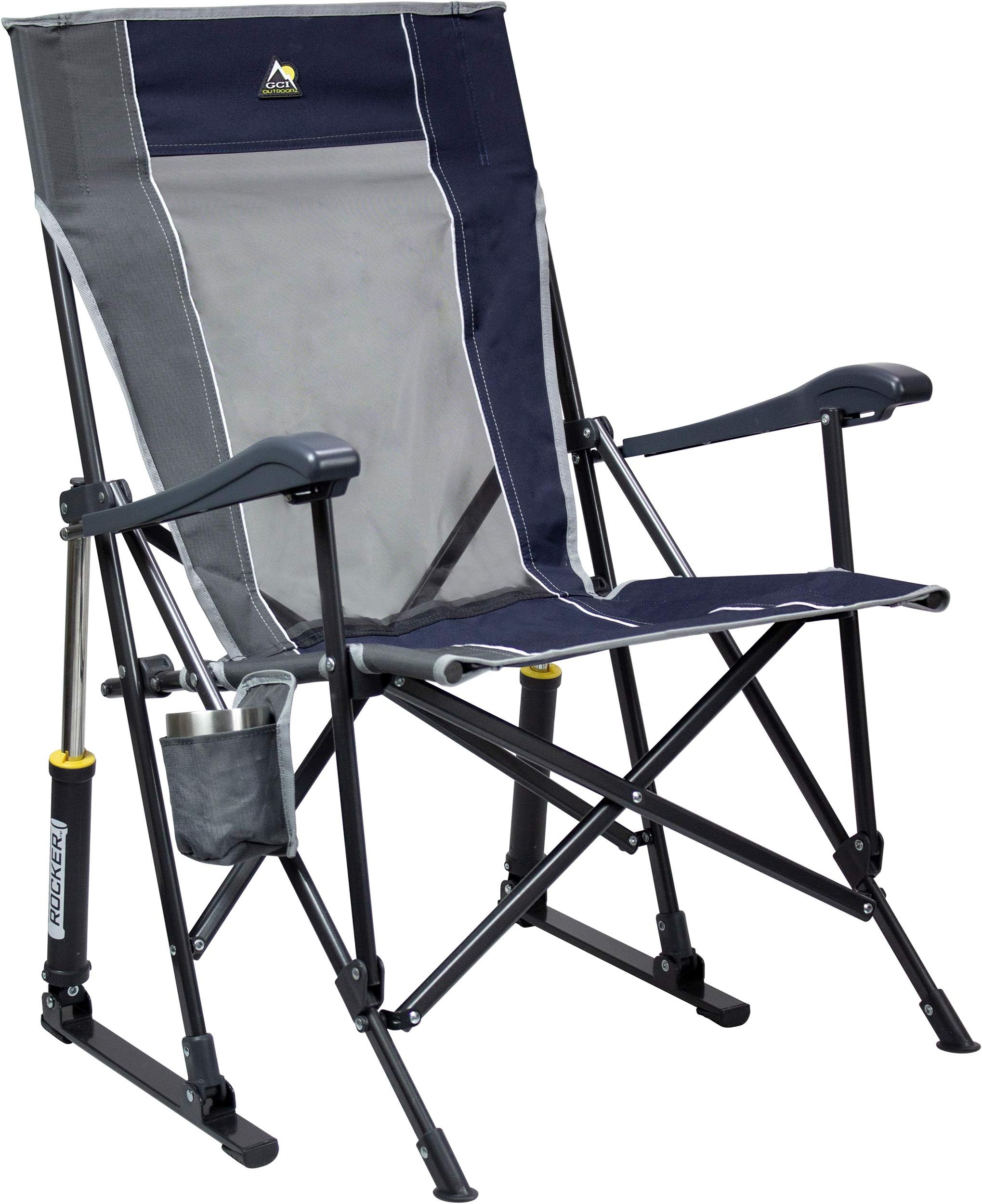 GCI OUTDOOR RoadTrip Rocker Camp Chair | Portable, Folding Rocking Chair with Sturdy and Durable Armrest, Drink Holder & Comfortable Extended Backrest - Indigo Blue