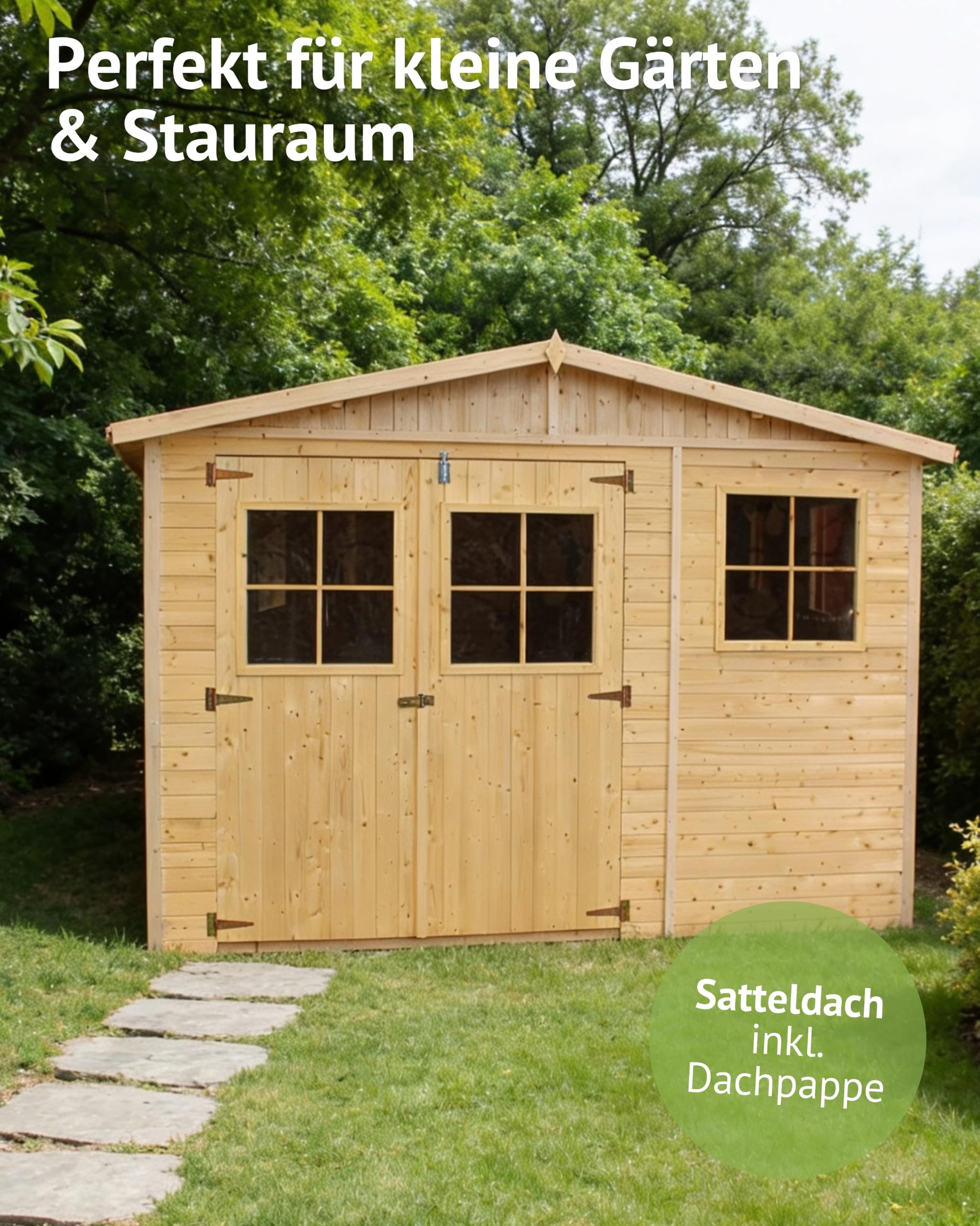 Steiner Shopping Gartenhaus Kufstein 300x200 cm aus Holz I Vorgefertigtes Elementhaus mit Satteldach & Dachpappe I Kompakter Geräteschuppen für Gartengeräte & Fahrräder I Robuste Gartenhütte