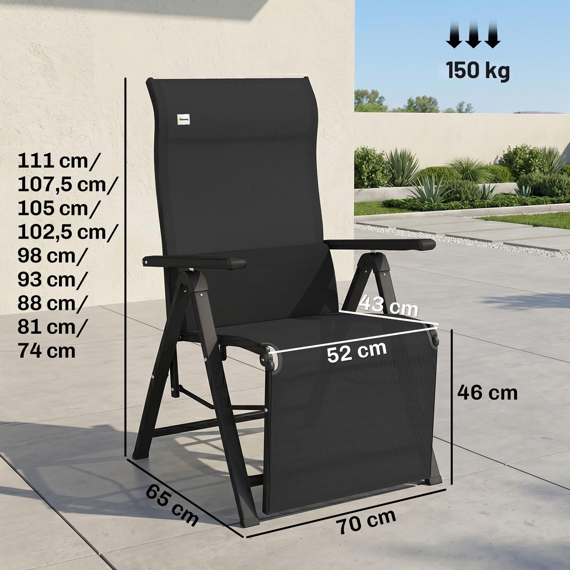 Outsunny Silla Reclinable Plegable de Jardín 9 Posiciones 150 kg Negro | Respaldo Ajustable, Cojín Lumbar, Estructura de Acero y Textilene Transpirable