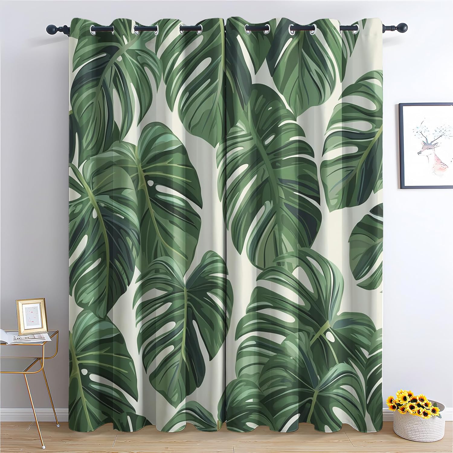 Monstera Leaf Blackout Curtains for Bedroom, Tropical Room Darkening Drapes, Green Palm Leaf Curtain 2 Panels, Thermal Insulated Grommet Small Window Curtains for Living Room(42" W x 45" L) kq&162