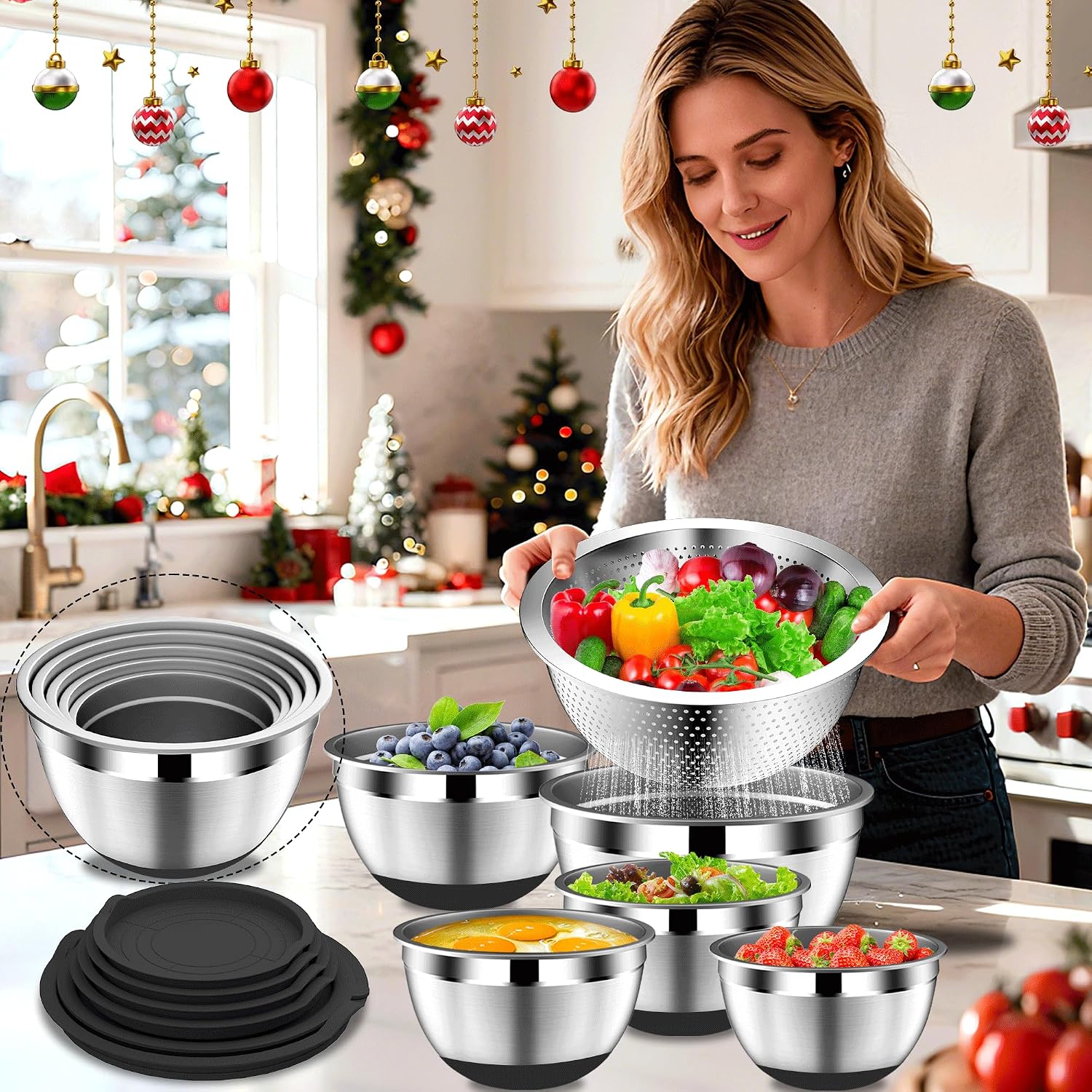 DUTZUN Kitchen Appliances, Large Mixing Bowls with Lids Set & Colander | 6.0 QT Stainless Steel Mixing Bowl with Strainer & Graters for Baking, Serving, Cooking, Prep, Salad
