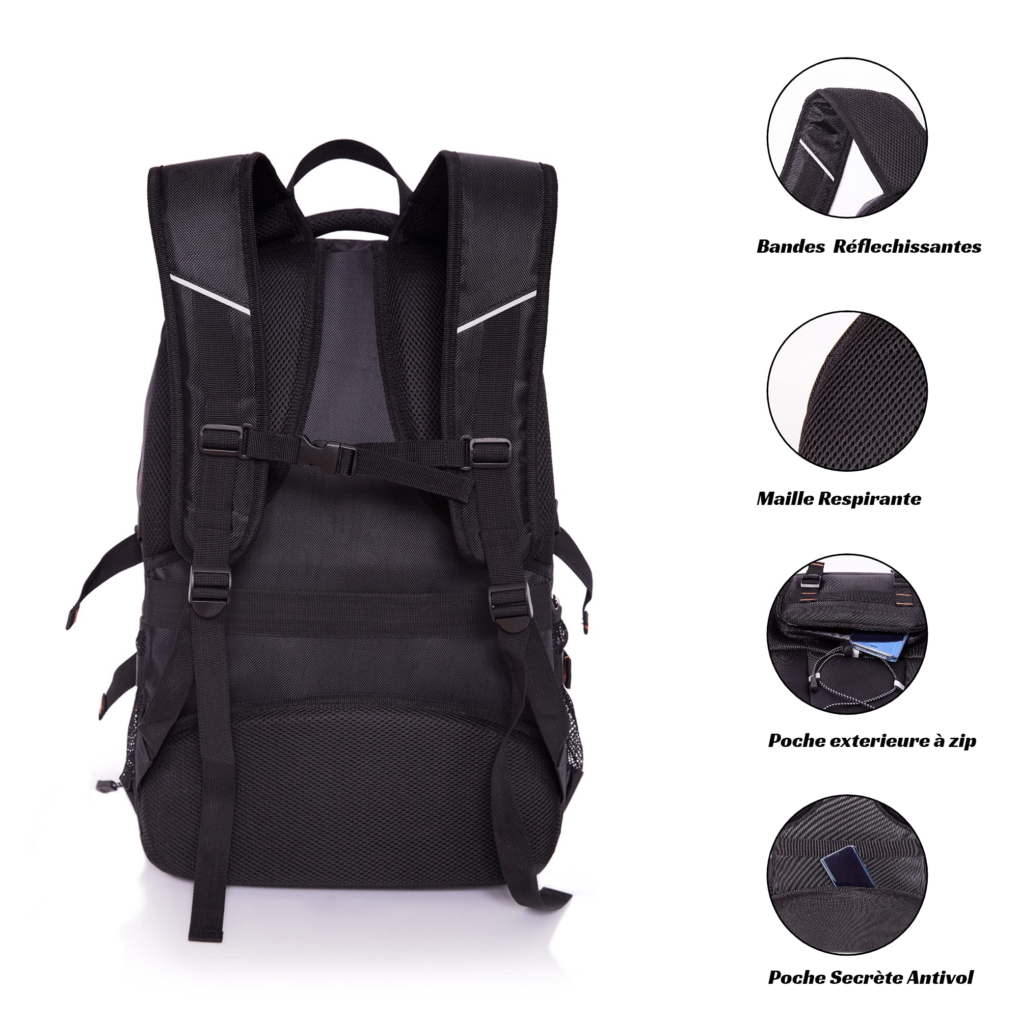 HOKAGEEK JIGEN Zaino per computer portatile da 17,3" 45L con porta USB e jack audio per business da viaggio escursionismo multifunzione, Nero , L 52 X l 34 X P 22 cm (20.4 X 13.3 X 8.6 In), Zaino da