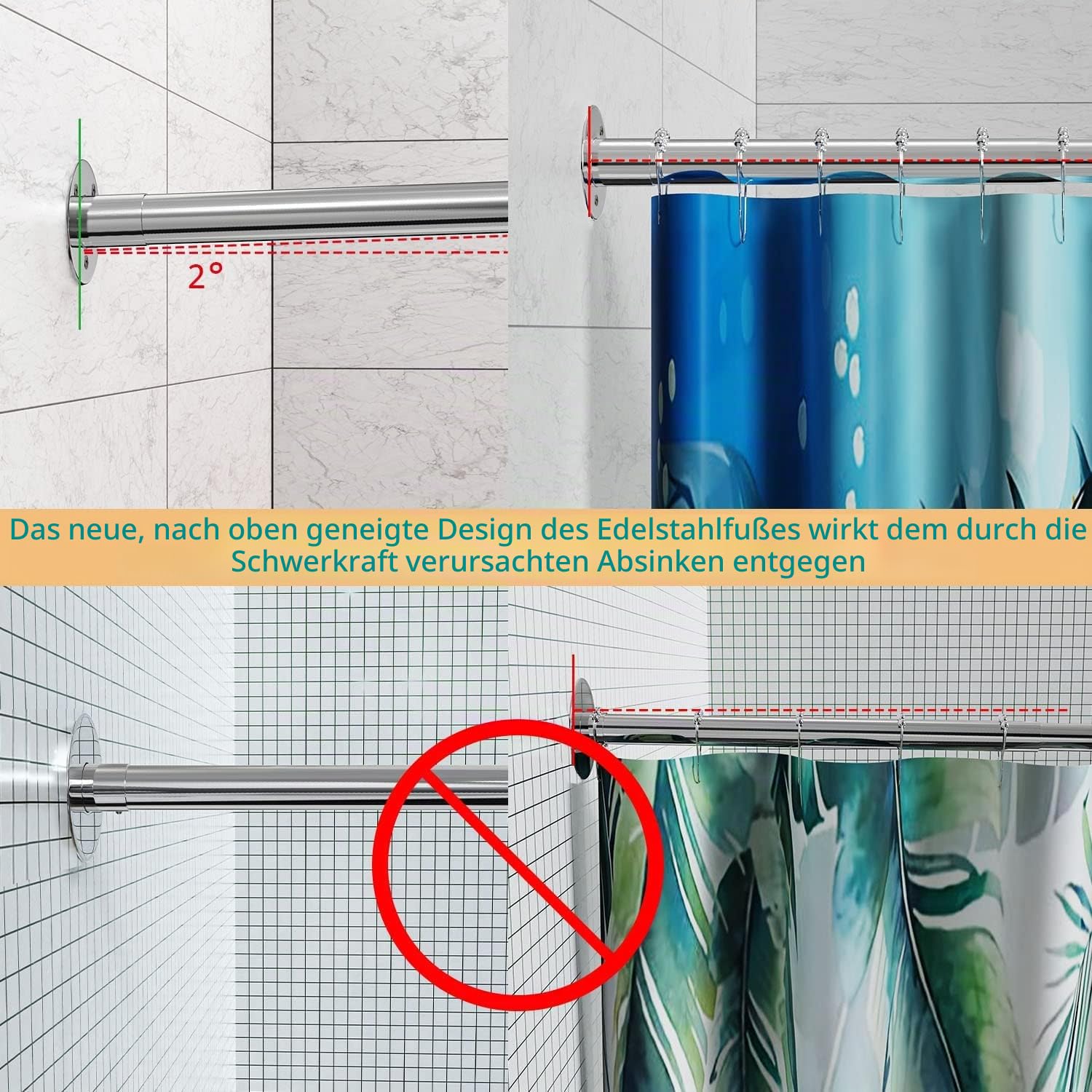 L-förmige Duschvorhangstange 60-133 cm x 60-133 cm, Verstellbare 304 Edelstahl L-Form Eck Duschstange, 90 Grad Gebogene Bohrfreie Installation, Kein Durchhängen für Badezimmer & Badewanne