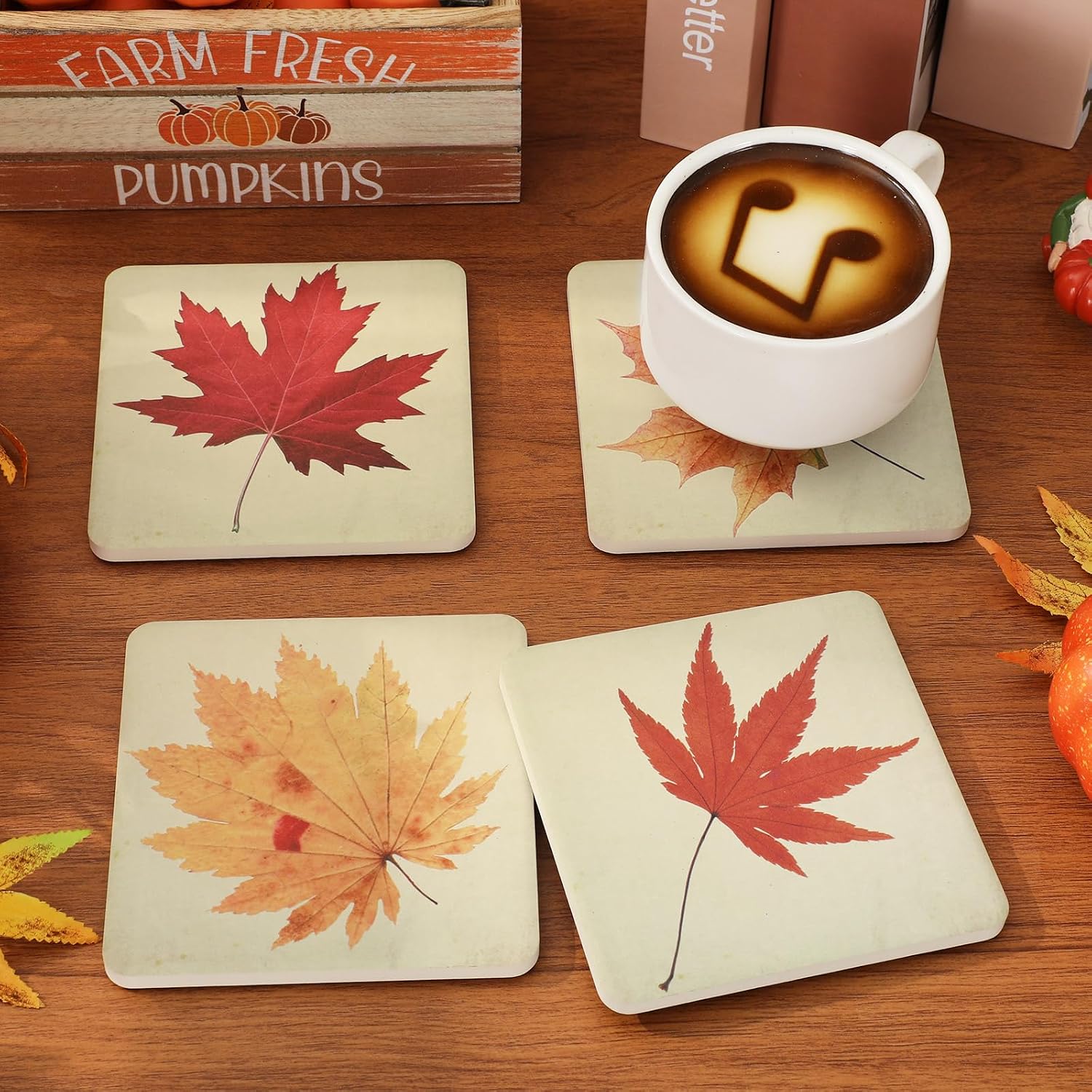 FYSUIMU 4 Pcs Fall Leaves Coasters Autumn Maple Leaf Square Ceramic Coasters Absorbent Thanksgiving Harvest Cup Mat for Home Kitchen Party Table Decor