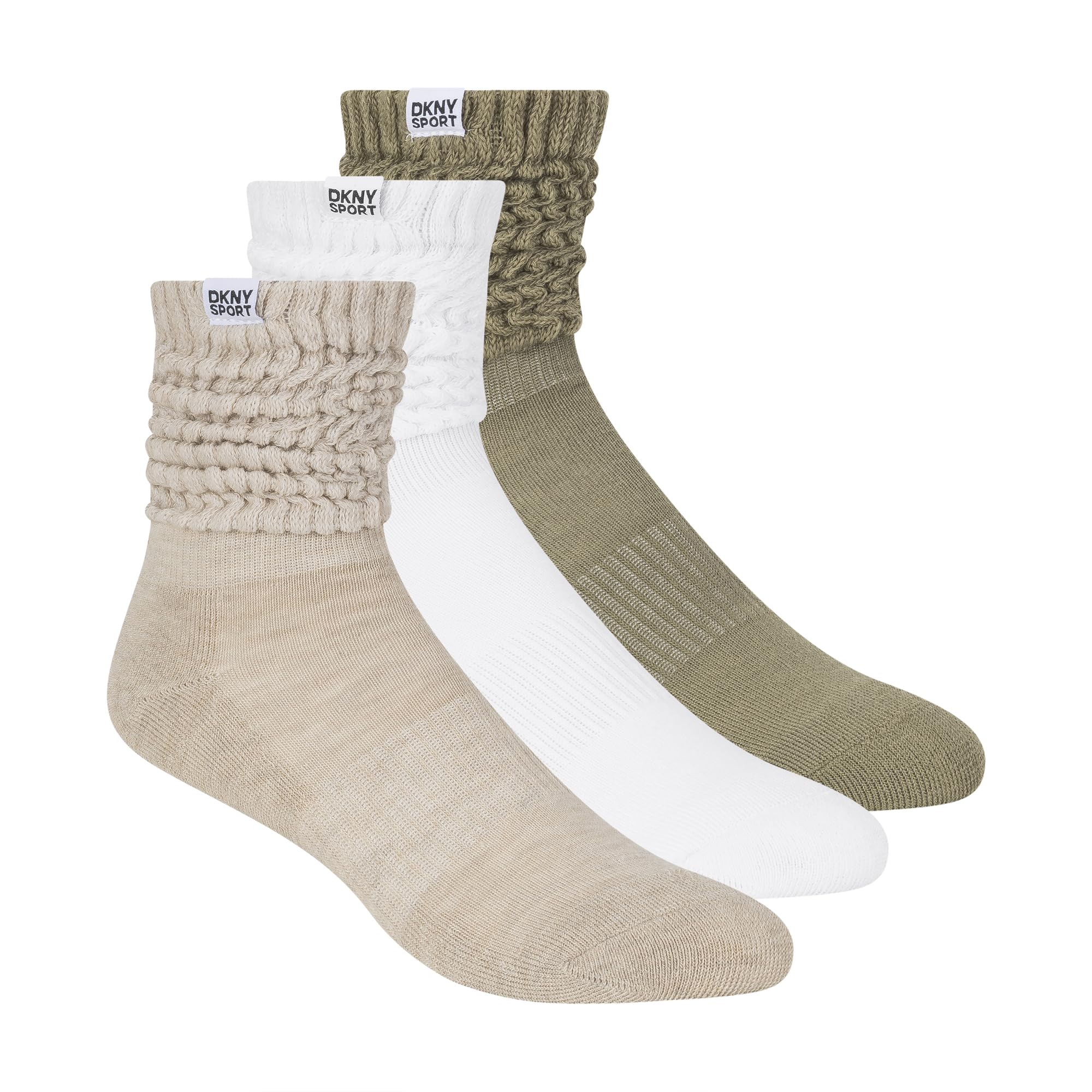 DKNY Women's 3 Pack Slouch Crew Socks, Ivory/White/Green, 8-10 UK