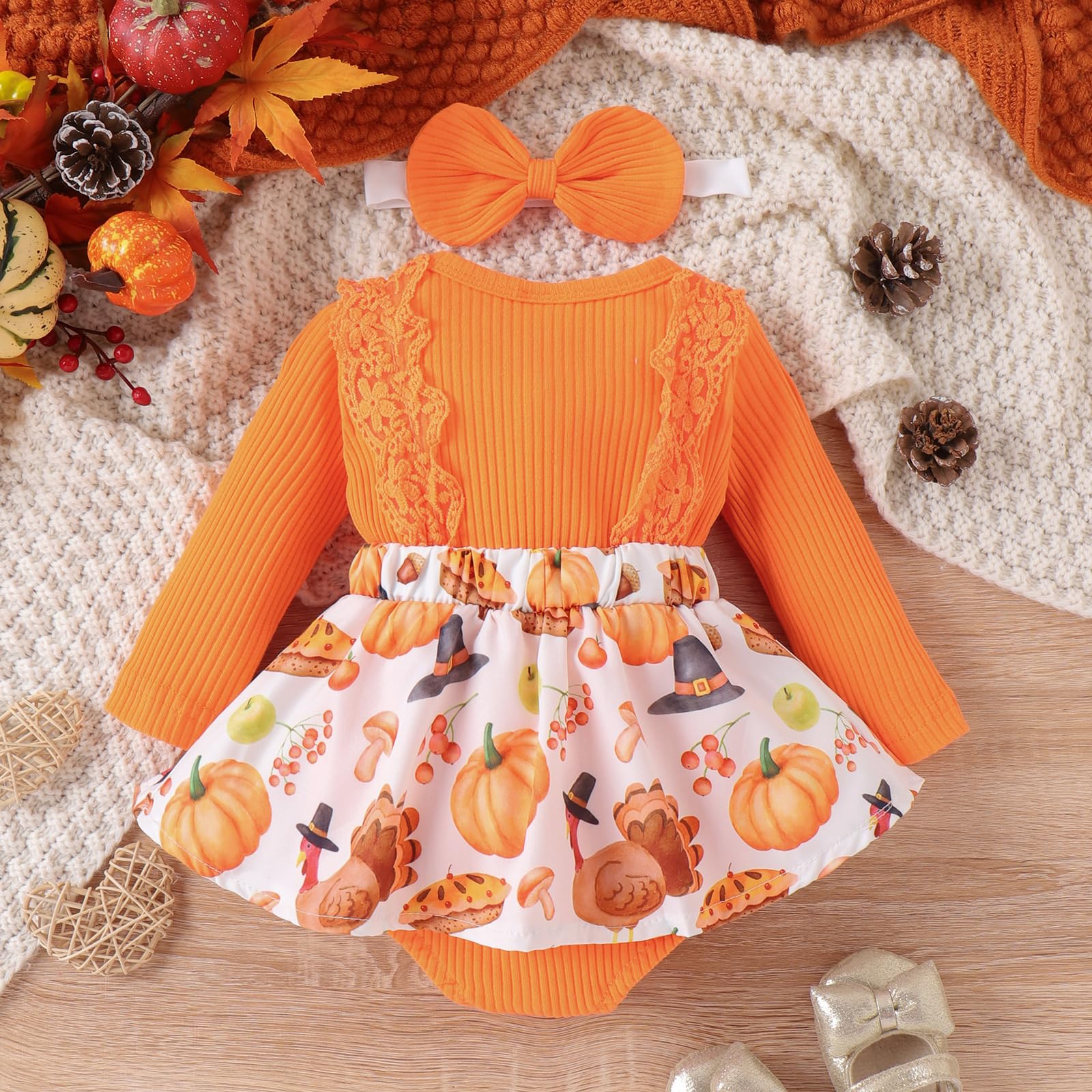 SHUING Infant Baby Girl 2pcs Thanksgiving Outfit Sets Long Sleeve Knit Sweater Romper Turkey&Pumpkin Print Dress Headband (Orange, 0-3 Months)