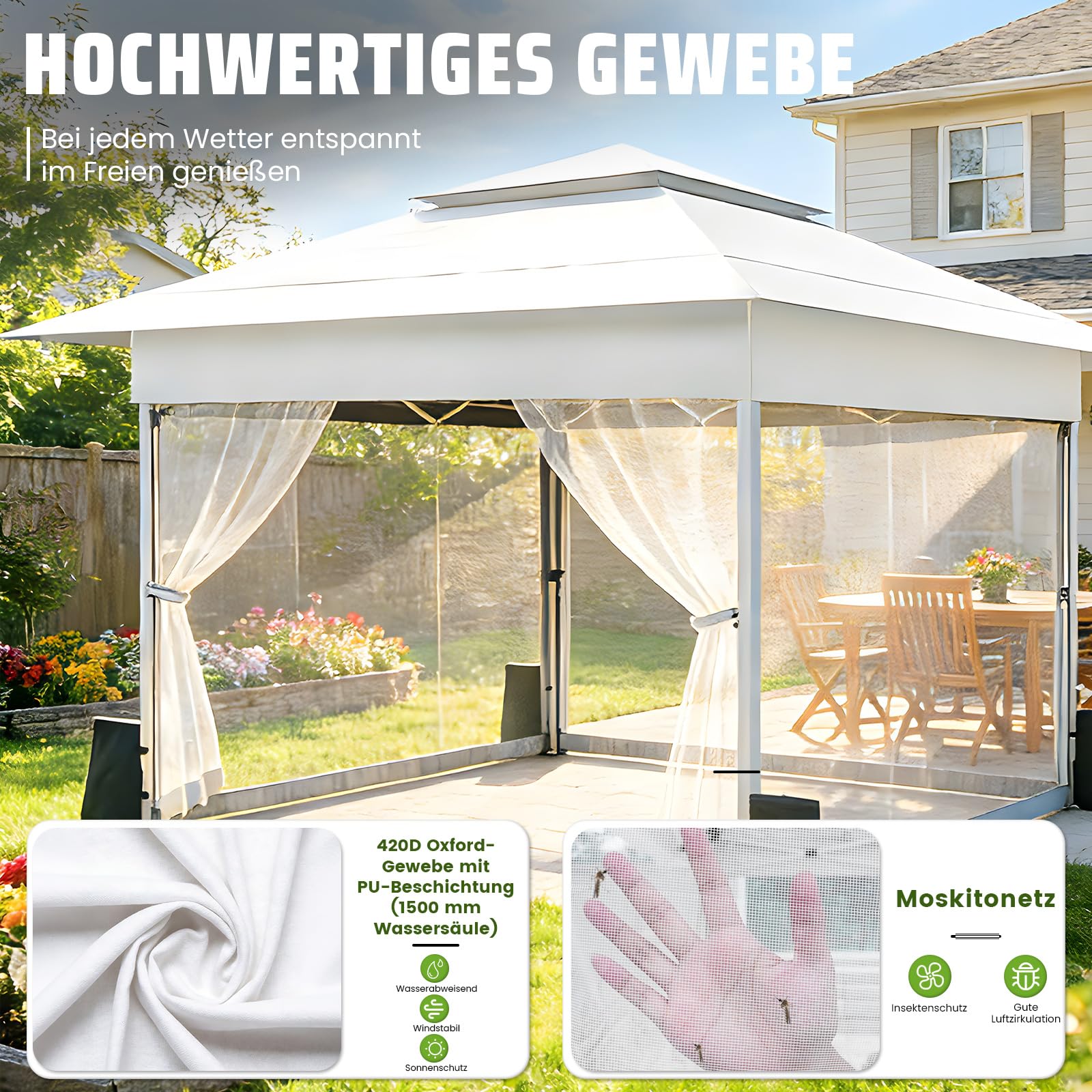 4x4m Pop-Up Pavillon,Faltpavillon mit Moskitonetz,Rollen Tragetasche,Weiß | Gartenpavillon Faltbar mit Sandsäcke Stabil,Wasserdicht,UV Schutz 50+,Belüftetes,Partyzelt für Garten Party Festival