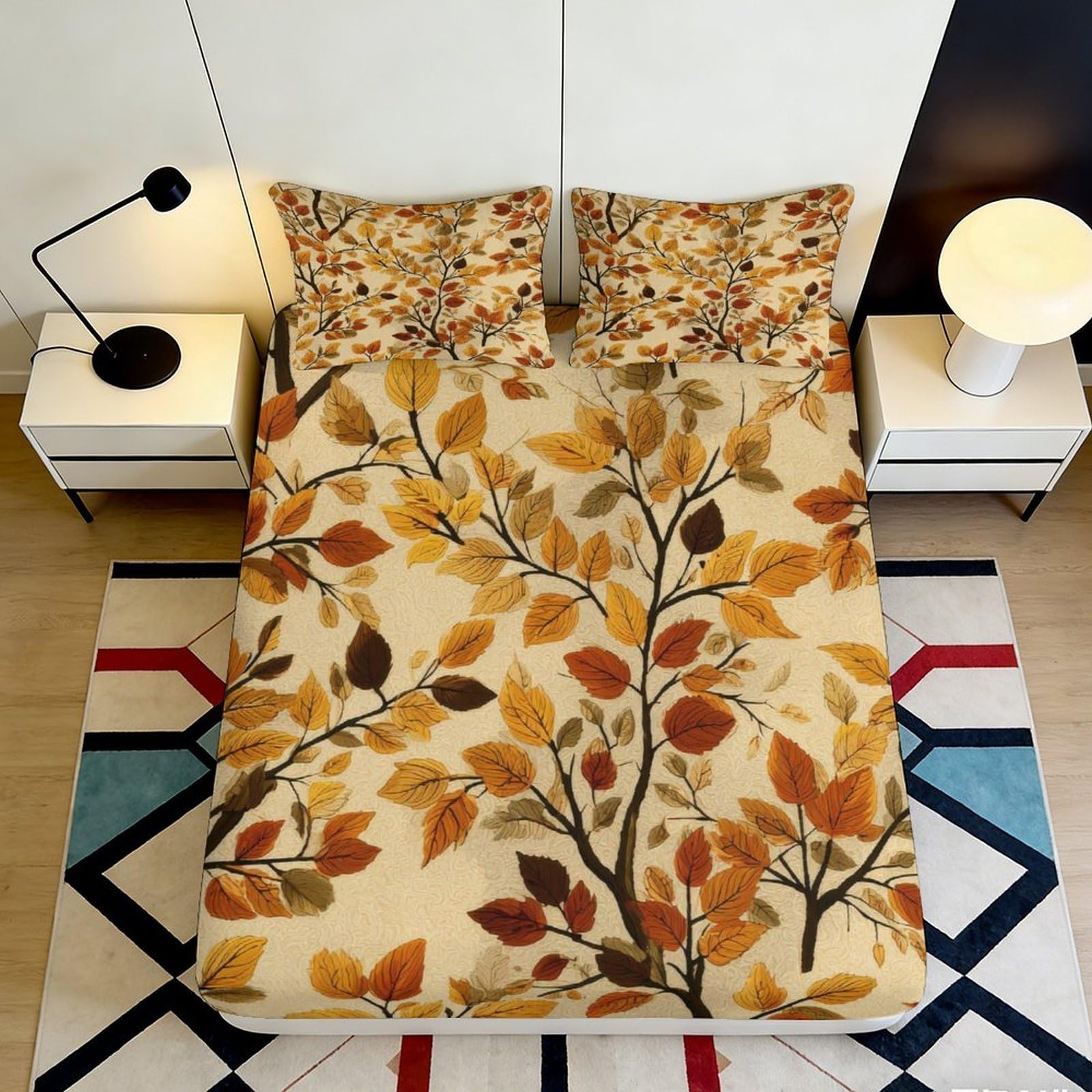 3D Printed Autumn Leaves Fitted Sheet Microfiber Soft Breathable Fall Branches Mattress Cover for Bedroom Dormitory Guest Room Mattress Protection Decor 120x200x25cm