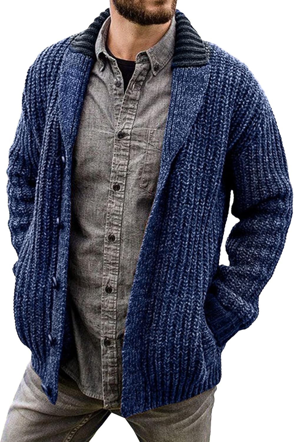 Mens Shawl Collar Cardigan Sweaters Long Sleeve Button Down Knitted Sweater Solid Color Casual Knitwear with Pocket