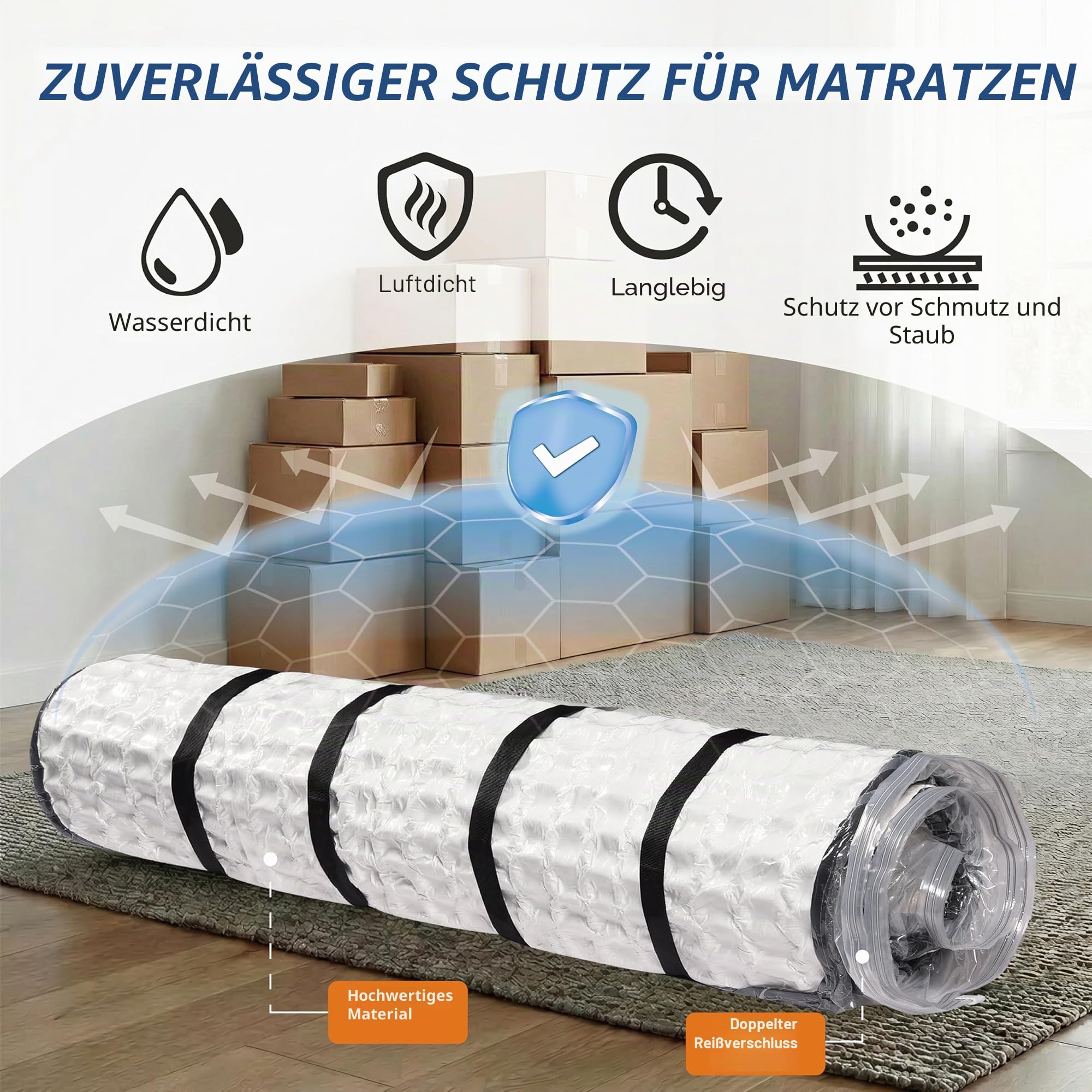 Vakuumbeutel für Umzug/Lagerung von Schaumstoffmatratzen, komprimiert Matratze bis zu 80%, vakuumversiegelte Matratzentasche, auslaufsicher & versiegelbar, Aufbewahrungstasche mit Riemen