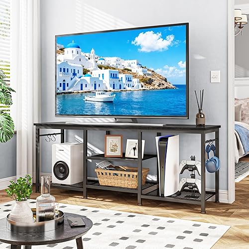 Miniatura 5 de YGEOMER Soporte de TV para sala de estar, centro de entretenimiento para televisores de 55 pulgadas, consola multimedia, mesa de televisión para