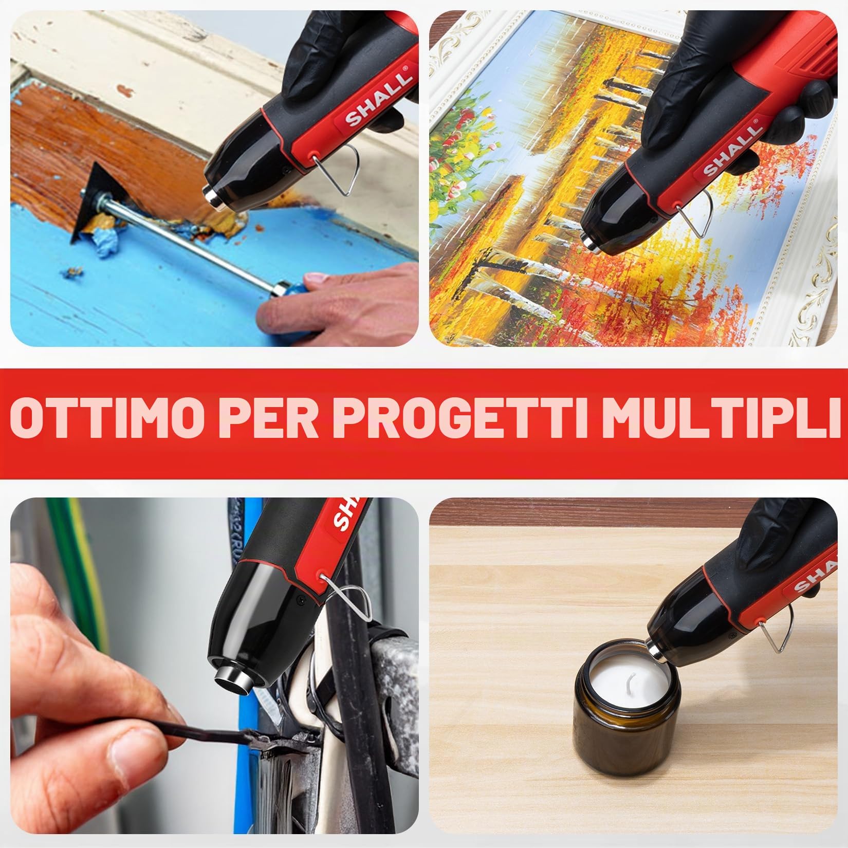 SHALL Mini set di pistole termiche, pistola termica portatile, supporto pieghevole, 2 impostazioni di temperatura 230°C/400°C, adatto per lavori artigianali, pellicola termoretraibile