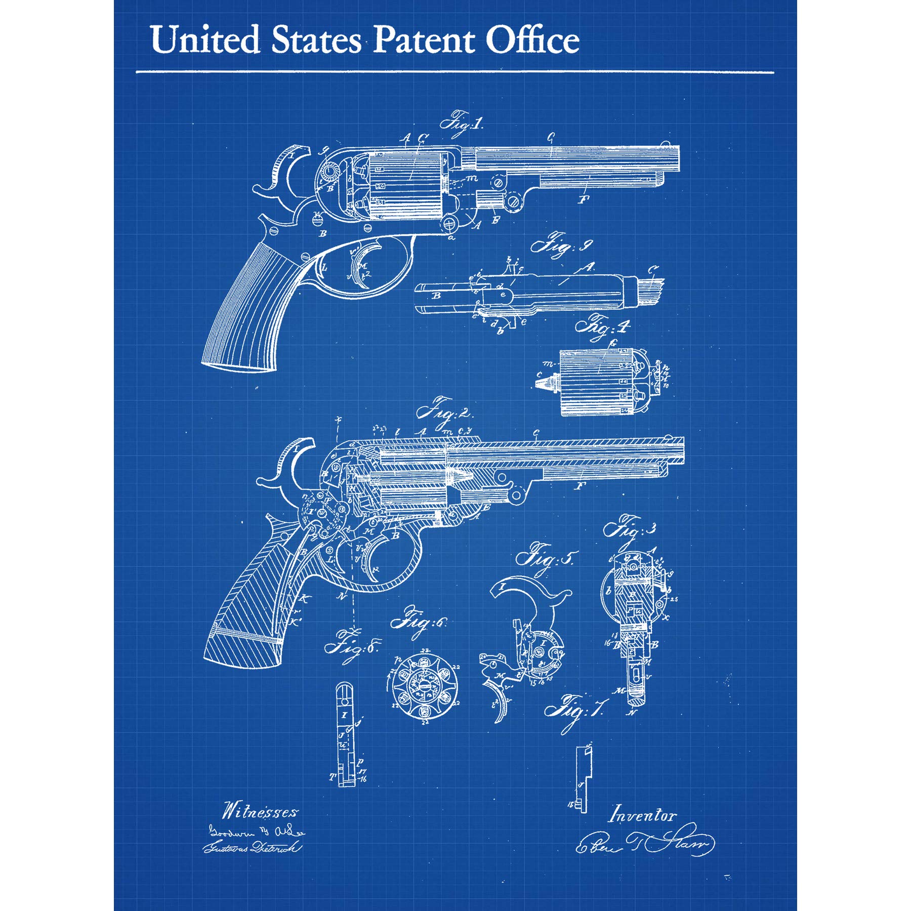 Artery8 Starr Revolver Gun Pistol 1860 Vintage Patent Plan Premium Wall Art Canvas Print 18X24 Inch