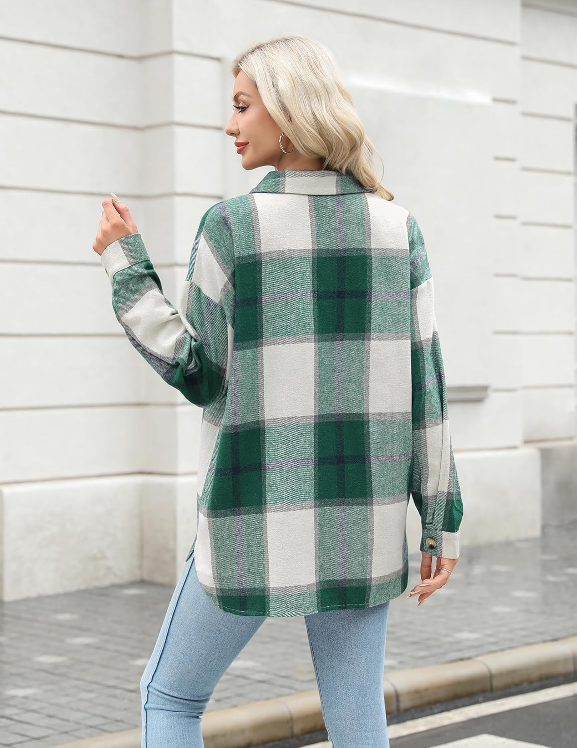 HOTOUCH Womens Flannel Plaid Shacket Jacket Button Down Tartan Trench with Pocket Long Sleeve Cropped Fashion Coat S-XXL - Image 7