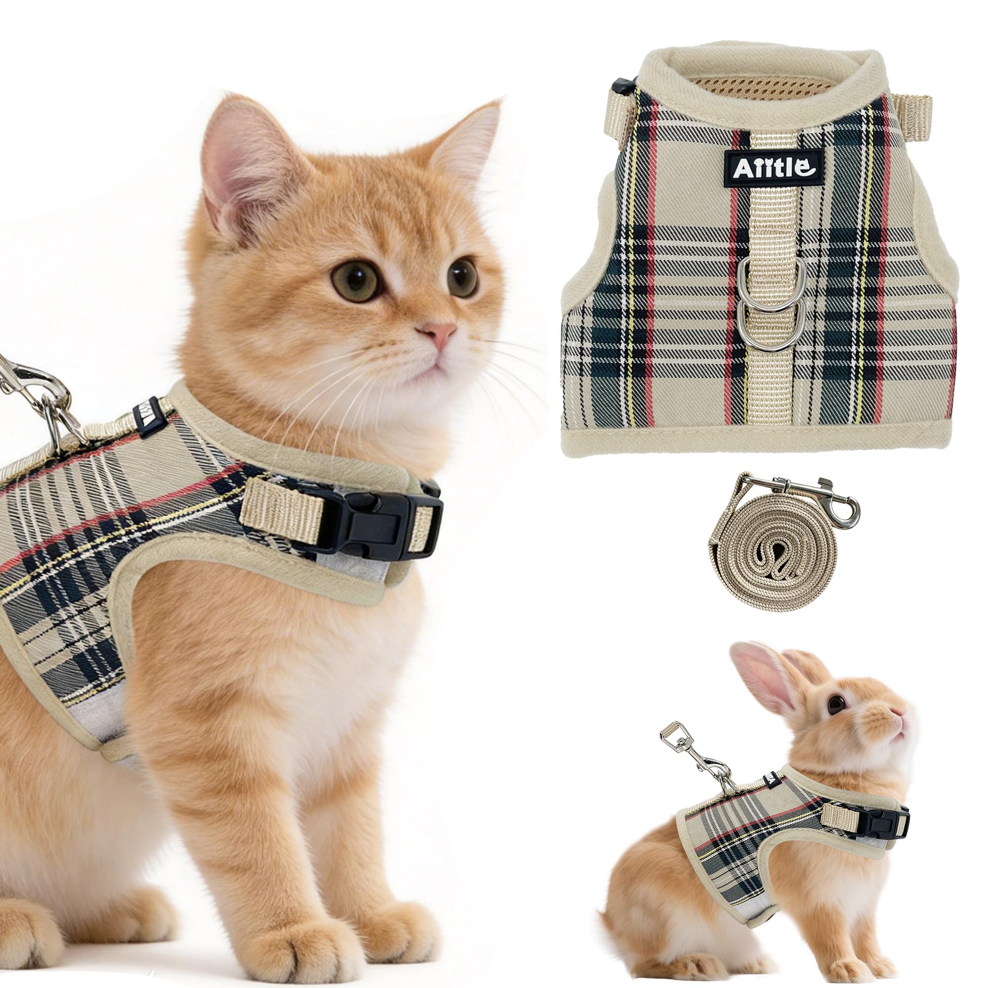 AIITLE Adjustable Bunny Harness & Leash Set - Soft Mesh Liner, Comfort Fit Plaid Pattern Vest with Magic Tape Design, Portable for Small Animal Pets Puppy Cat Rat Squirrel Ferret, Beige L