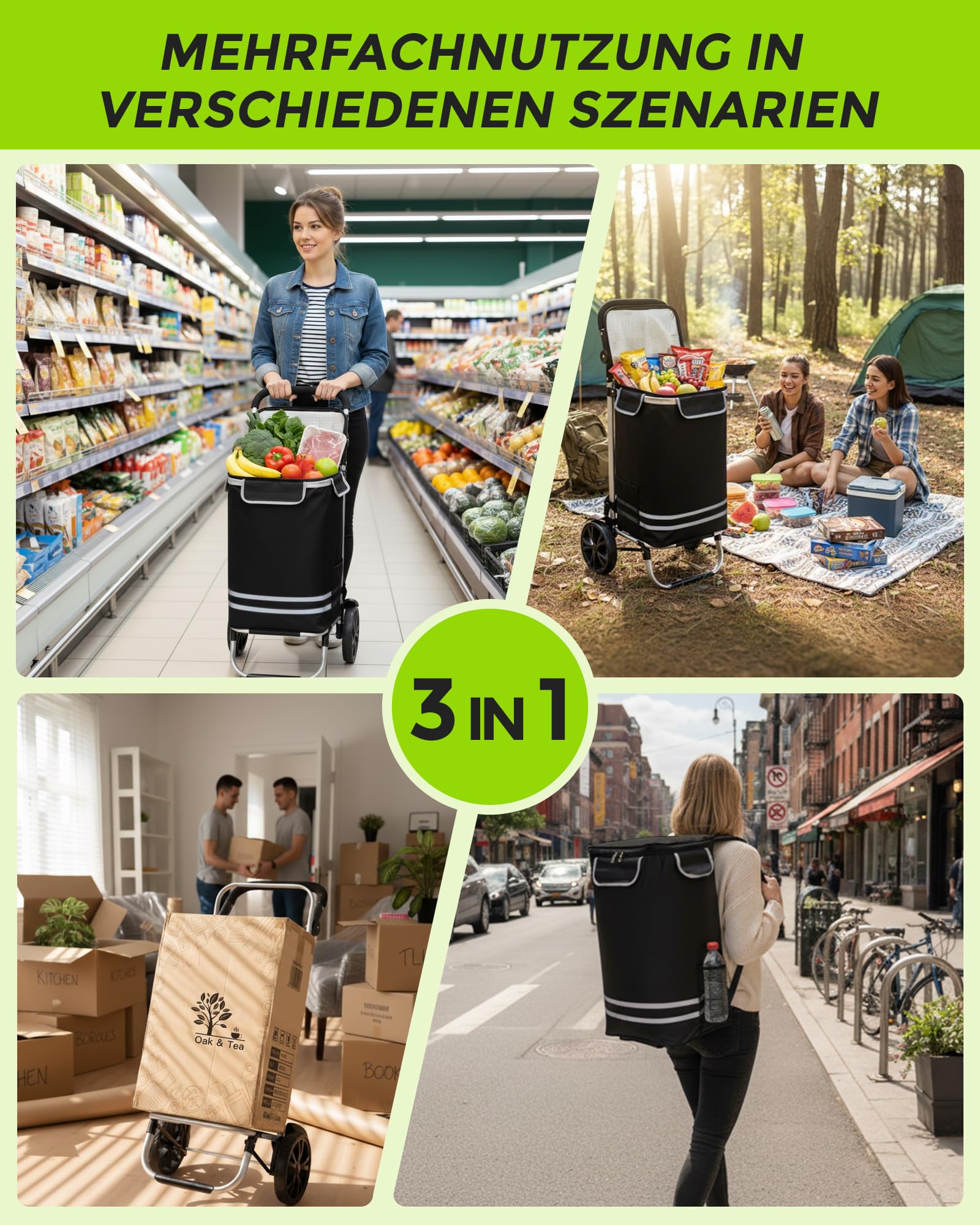 Oak & Tea Einkaufstrolley Klappbar 56L mit Kühlfach – 50kg Traglast Hackenporsche Aluminium, leise Räder, wasserdichter Oxford-Stoff, Isoliertasche Shopping Trolley