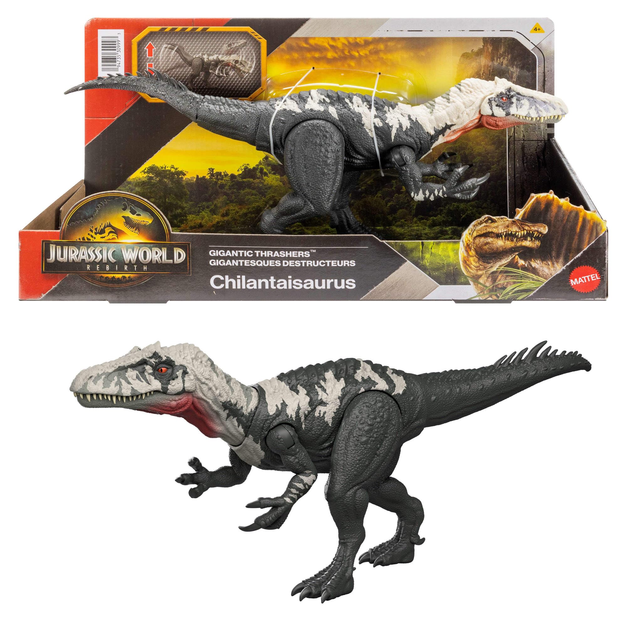 Mattel Jurassic World La Rinascita Predatori Giganti Chilantaisaurus, specie di dinosauro giocattolo di grandi dimensioni, 2 attacchi furiosi, gioco digitale, JGB95