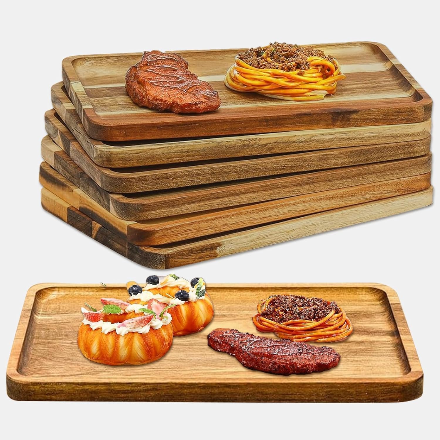 Lot de 6 Plateaux de Service Rectangulaires en Bois d'Acacia, 30 x 20 cm Grand Plateau de Présentation en Bois Naturel, Planche à Fromage et Charcuterie pour Apéritif, Dessert, Fruit, Snack