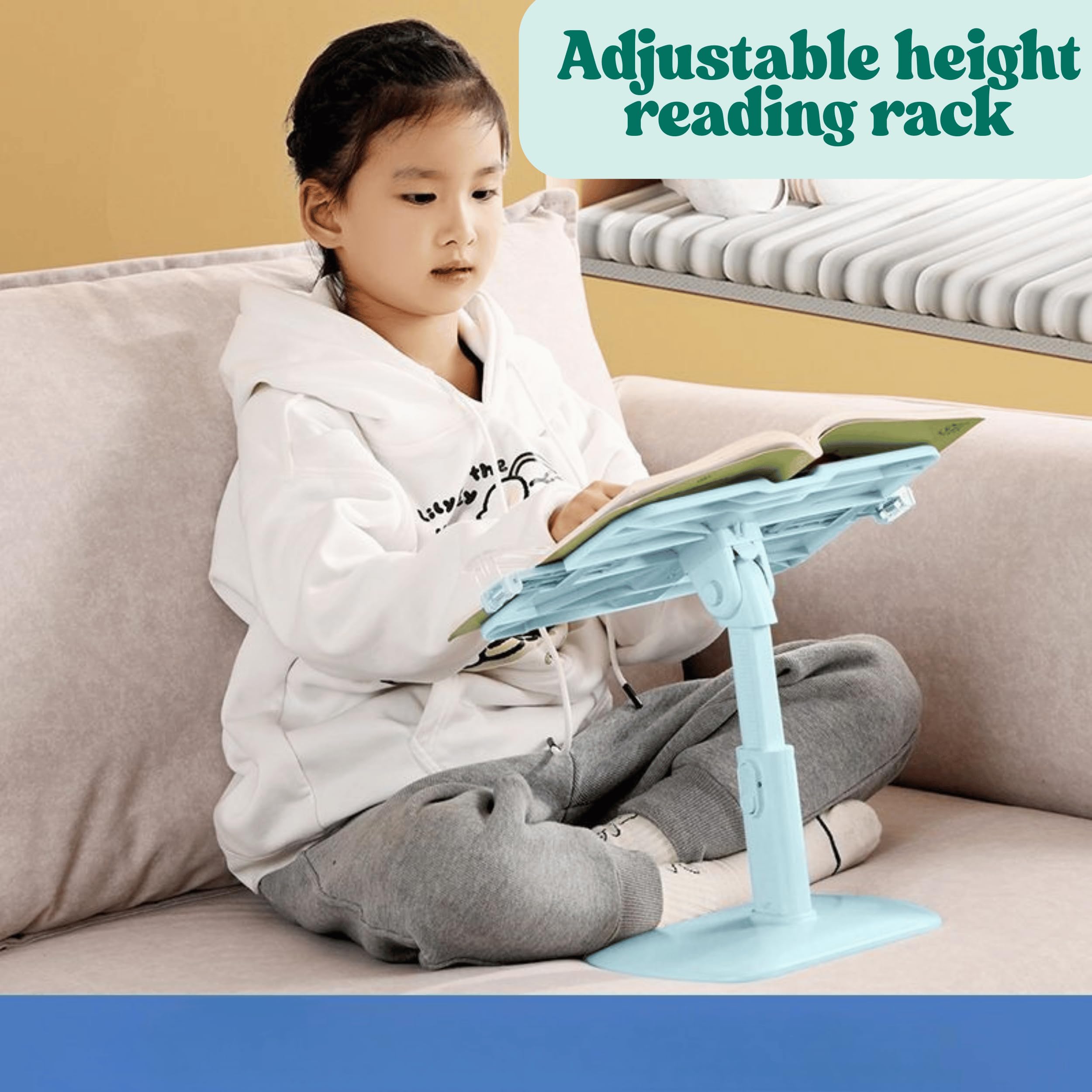 SOLDTRUE Adjustable Book Stand for Kids & Adults – Ergonomic Reading Holder with Height & Angle Adjustment, Extendable Width (29-46cm), Hands-Free Bookstand for Study, Reading, and Office (Blue) 4